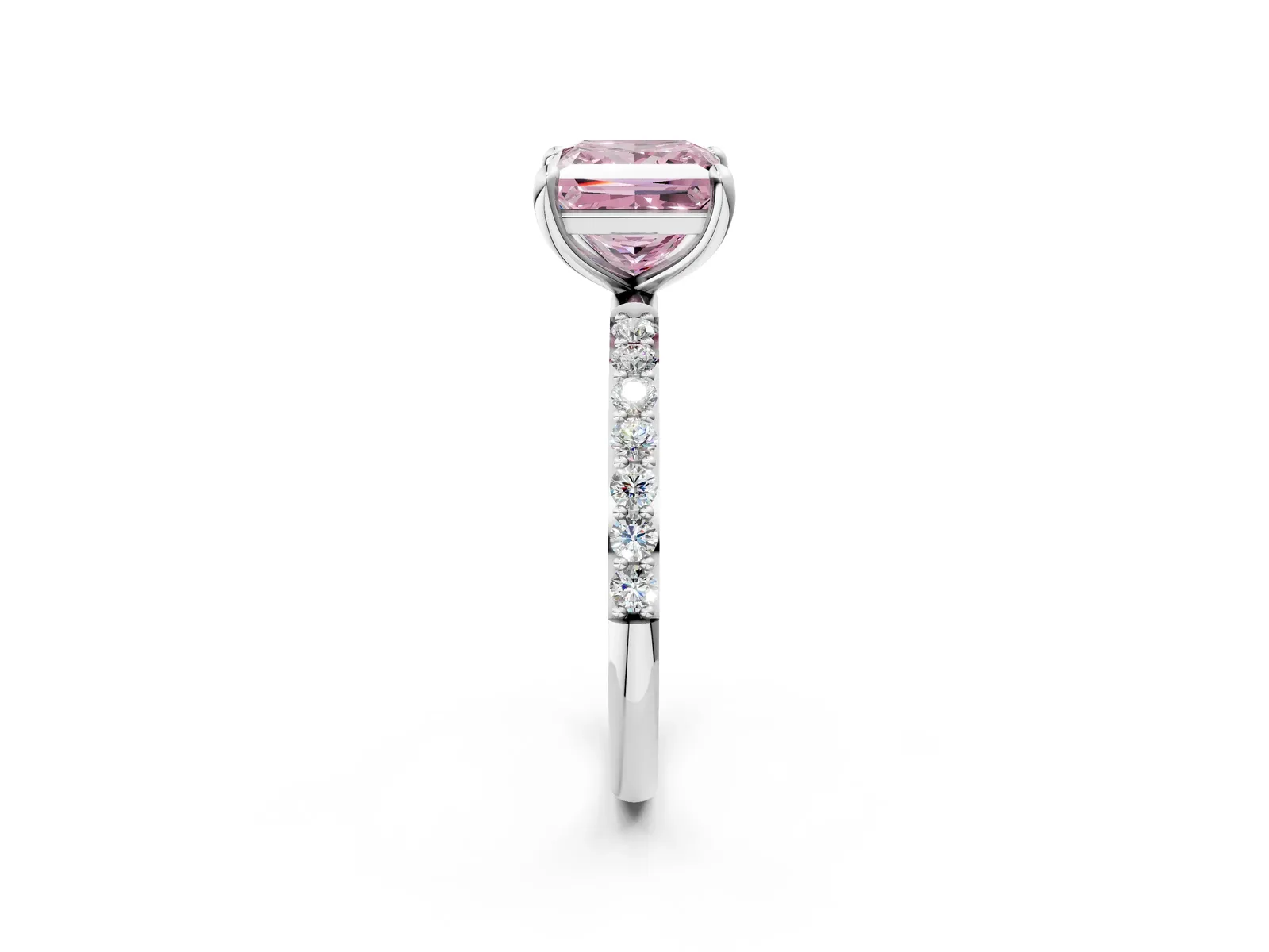 Fancy Pink Princess Cut Diamond Solitaire Ring with Round Pavé Band and Prong Setting Platinum