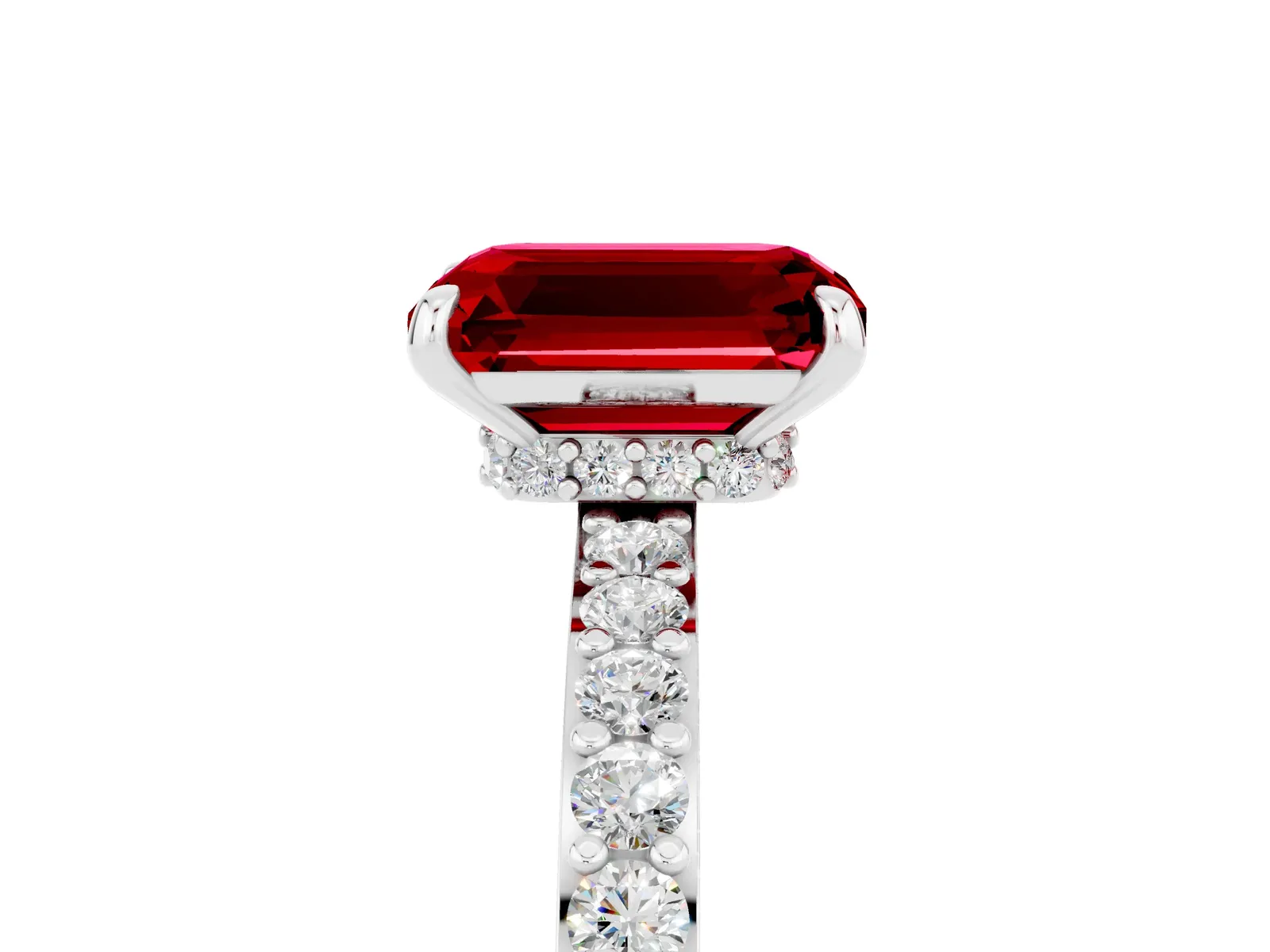 Emerald Cut Ruby Solitaire Engagement Ring with Pavé Band and Four-Prong Setting Platinum