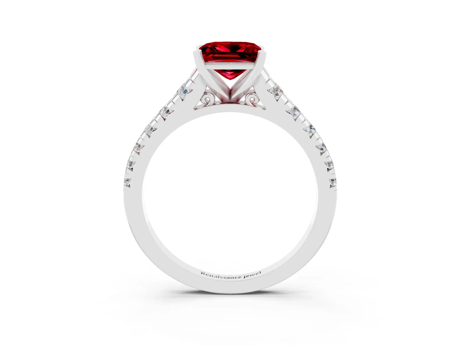 Princess Cut Ruby Cathedral Solitaire Ring with Round Pavé Band Platinum