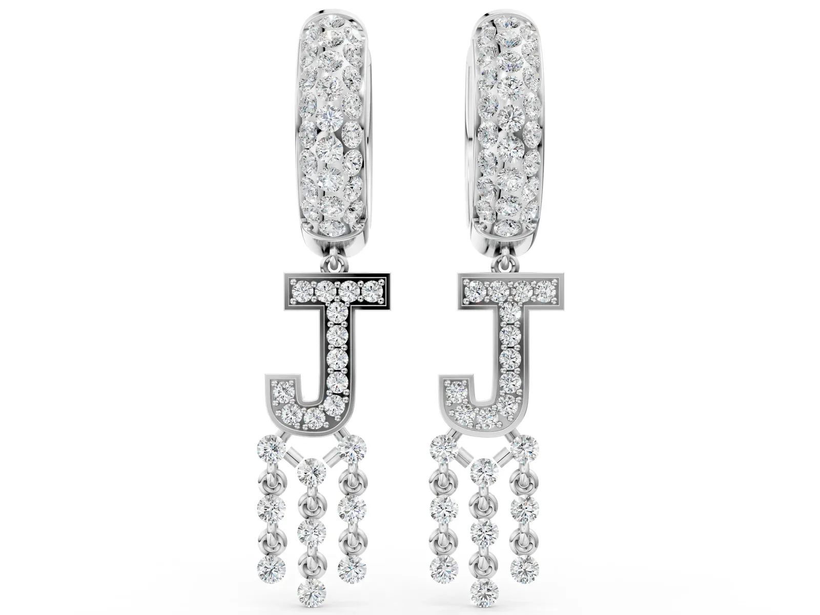 Round Diamond Initial J Huggie Hoop Earrings White gold