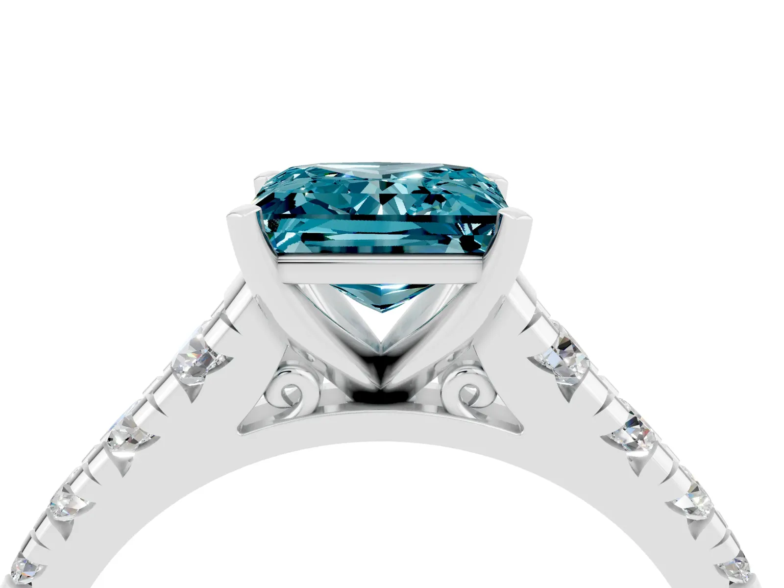Princess Cut Blue Topaz Cathedral Solitaire Ring with Round Pavé Band Platinum