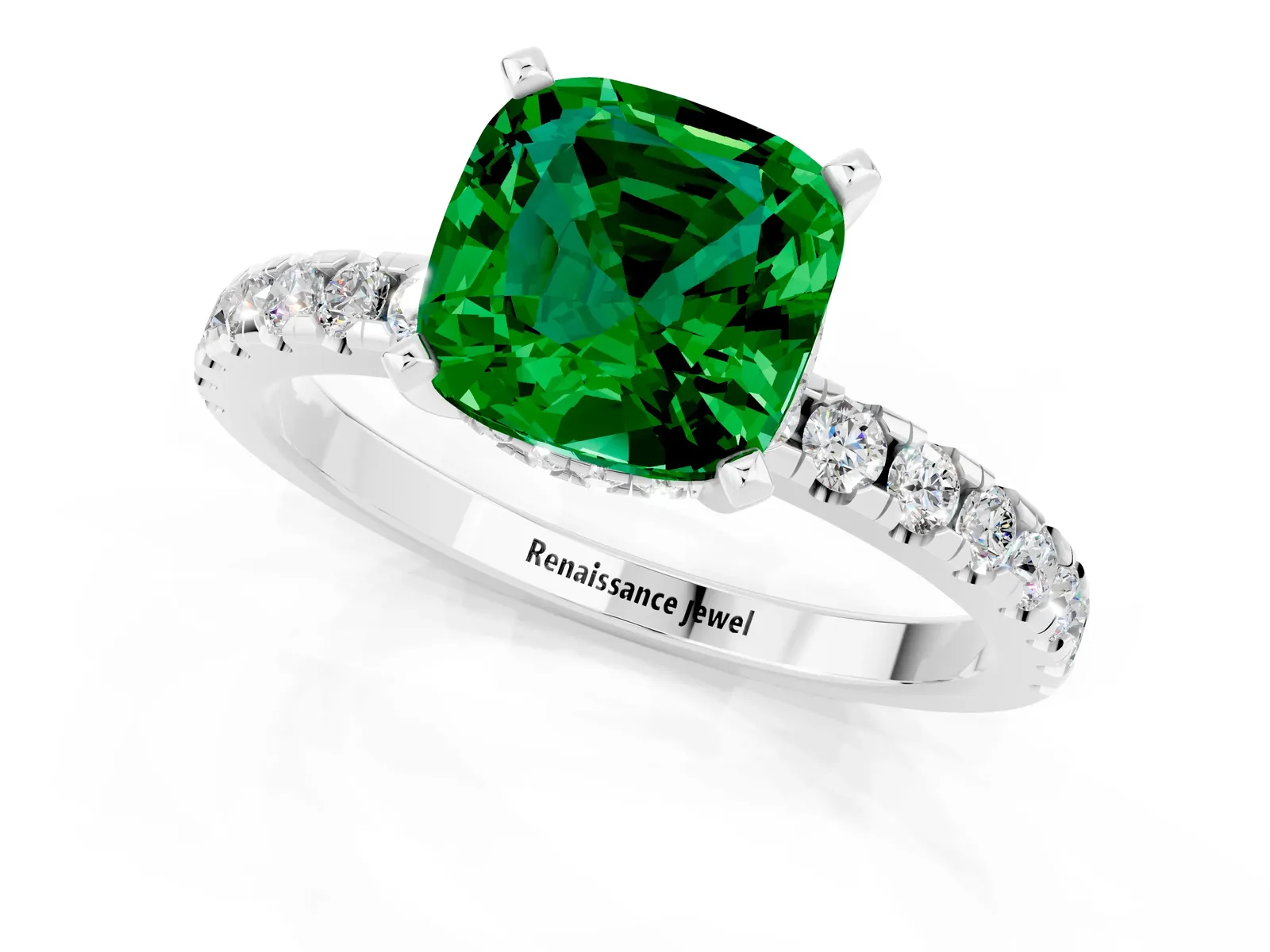 Cushion Cut Emerald Solitaire Ring with Round Pavé Band and Four-Prong Setting Platinum