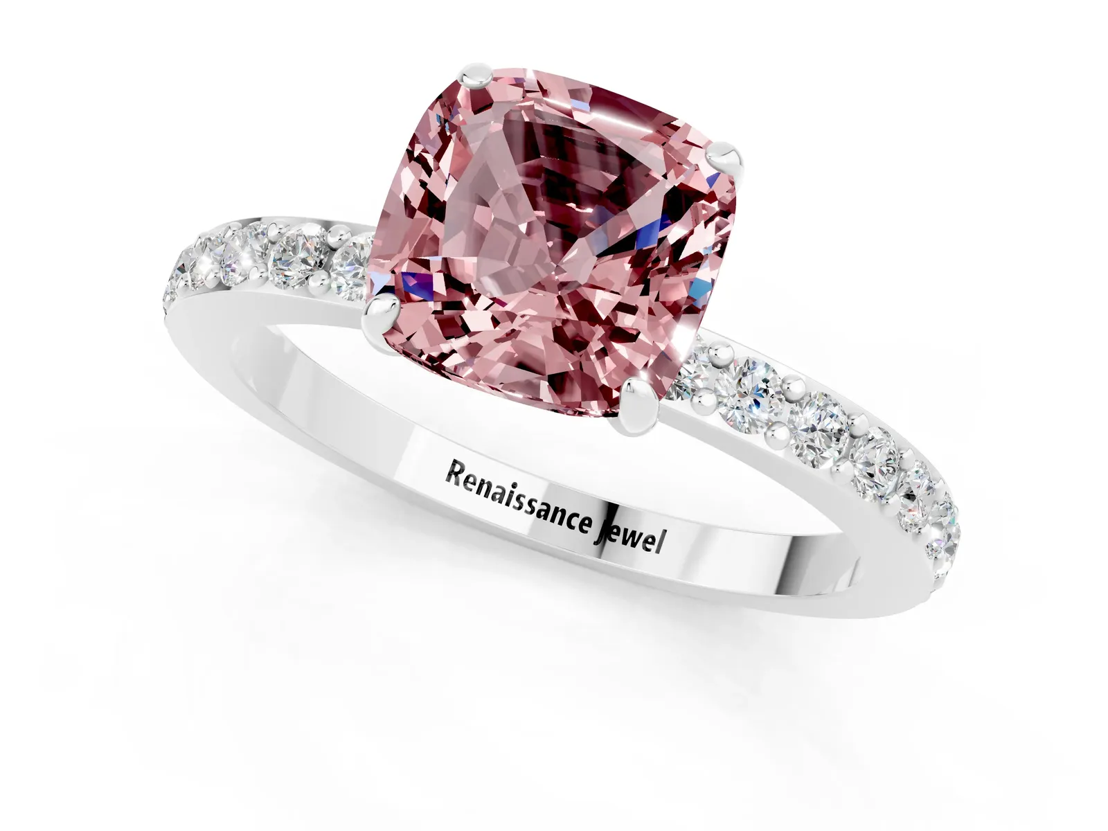 Cushion Cut Morganite Solitaire Engagement Ring with Pavé Band and Four-Prong Setting Platinum