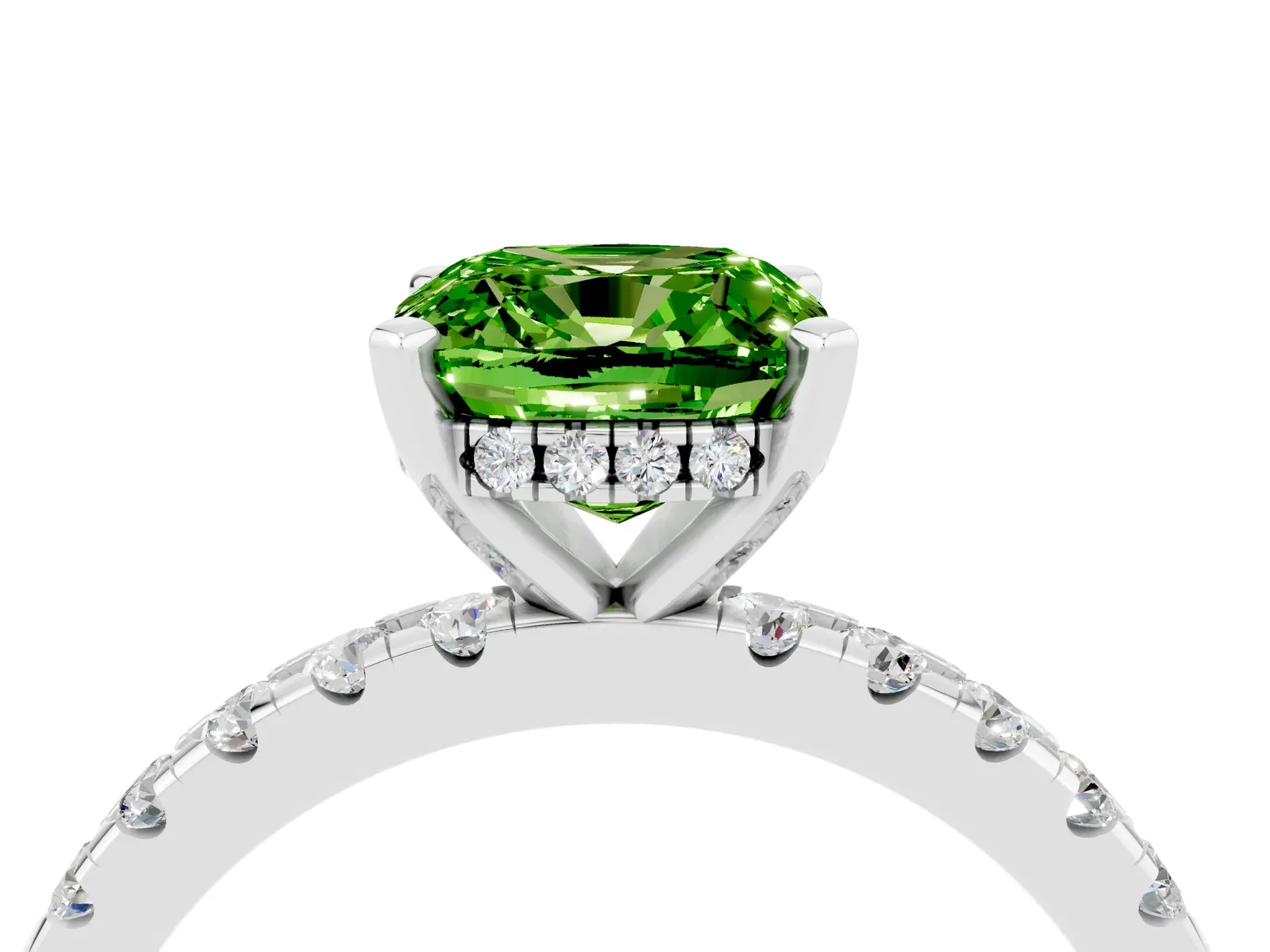 Cushion Cut Peridot Solitaire Ring with Round Pavé Band and Four-Prong Setting Platinum