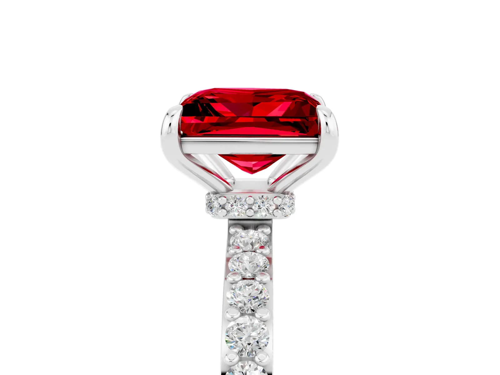 Princess Cut Ruby Solitaire Engagement Ring with Pavé Band and Four-Prong Setting Platinum