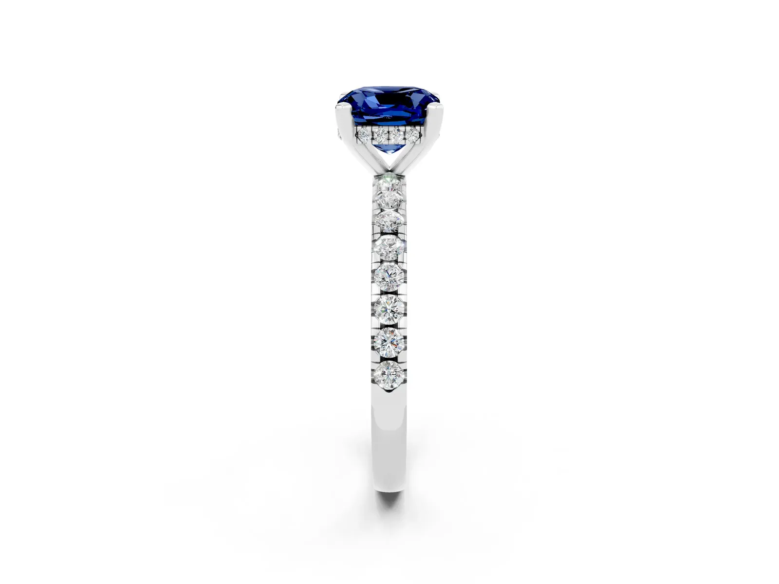 Cushion Cut Blue Sapphire Solitaire Ring with Round Pavé Band and Four-Prong Setting Platinum