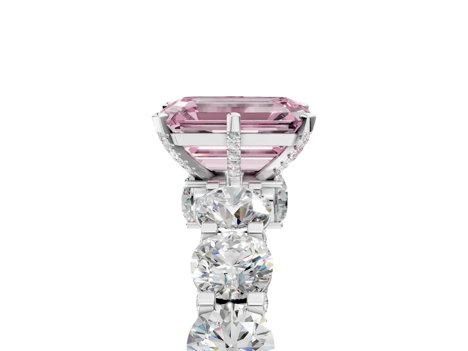 Fancy Pink Emerald Cut Diamond Side Stone Engagement Ring with Four-Prong Setting White gold