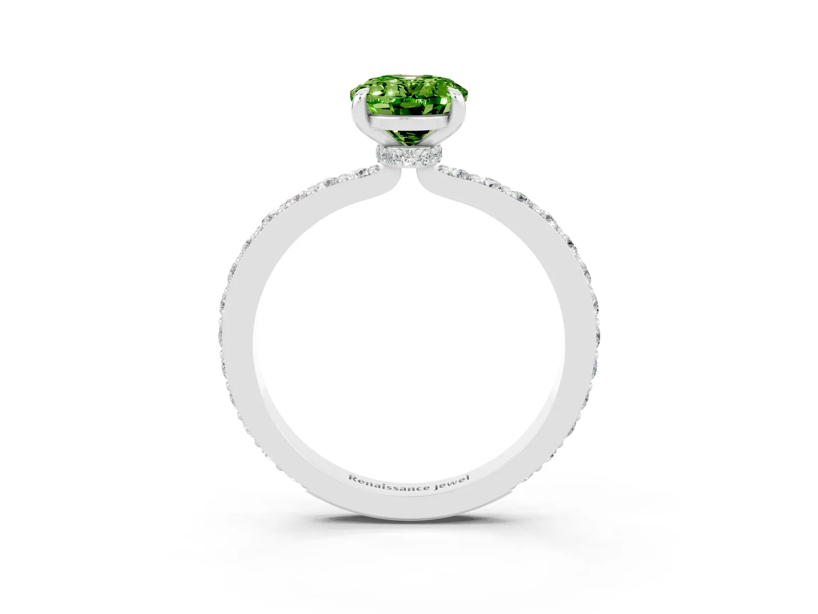 Oval Cut Peridot Solitaire Engagement Ring with Pavé Band and Four-Prong Setting Platinum