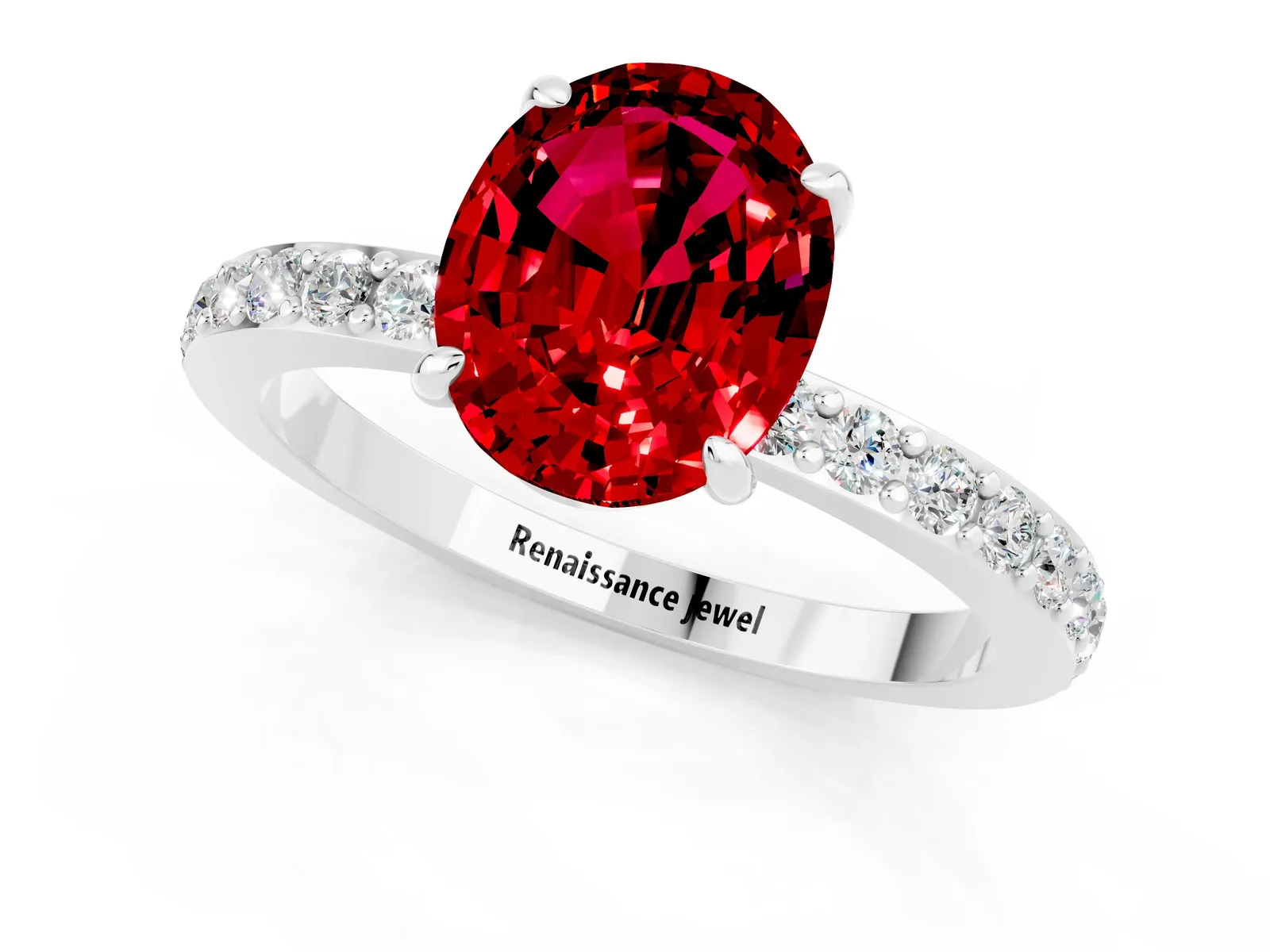 Oval Cut Ruby Solitaire Engagement Ring with Pavé Band and Four-Prong Setting Platinum