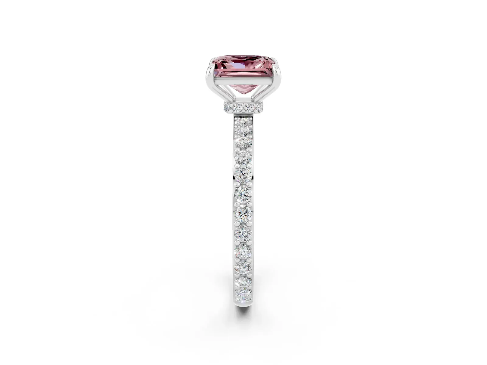 Princess Cut Morganite Solitaire Engagement Ring with Pavé Band and Four-Prong Setting Platinum