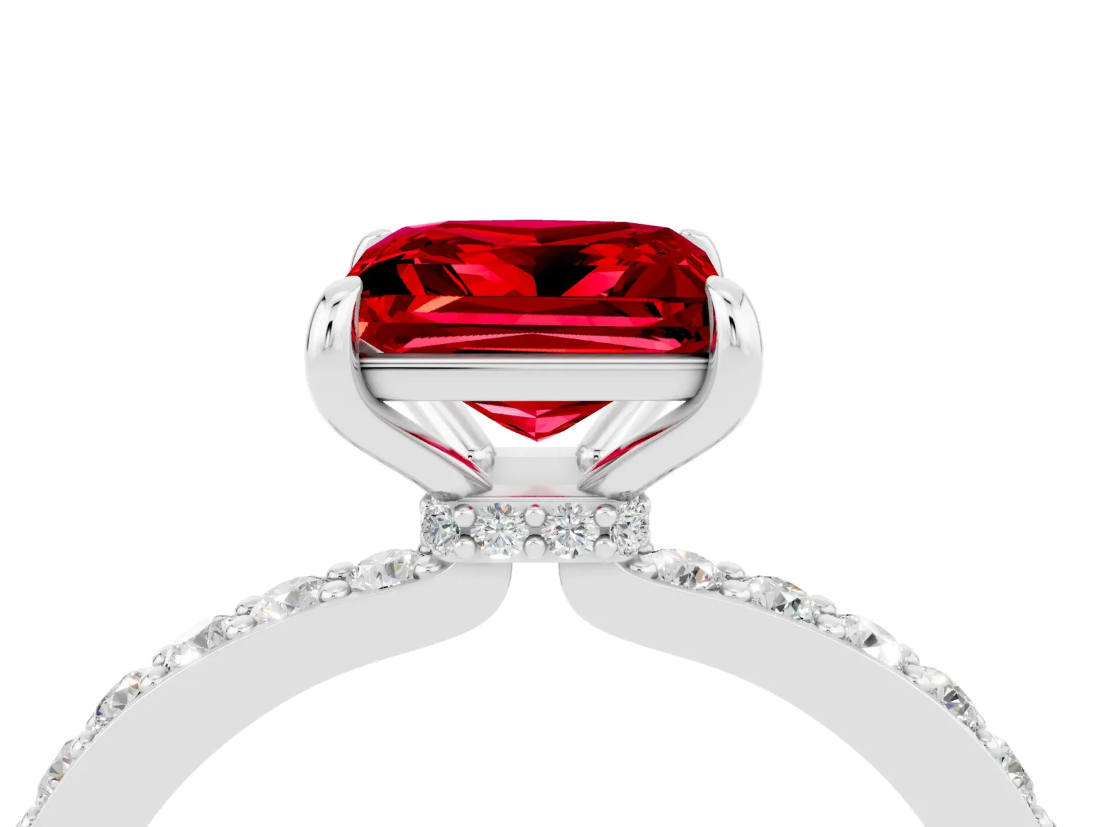 Princess Cut Ruby Solitaire Engagement Ring with Pavé Band and Four-Prong Setting Platinum