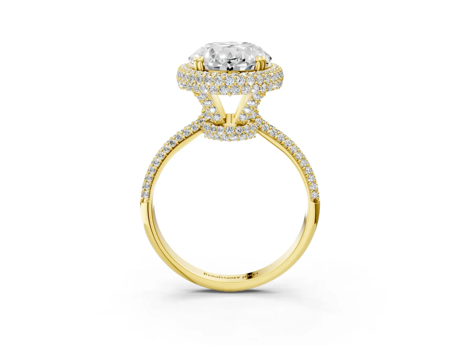 Oval Diamond Halo Ring with Round Diamond Accents Yellow gold
