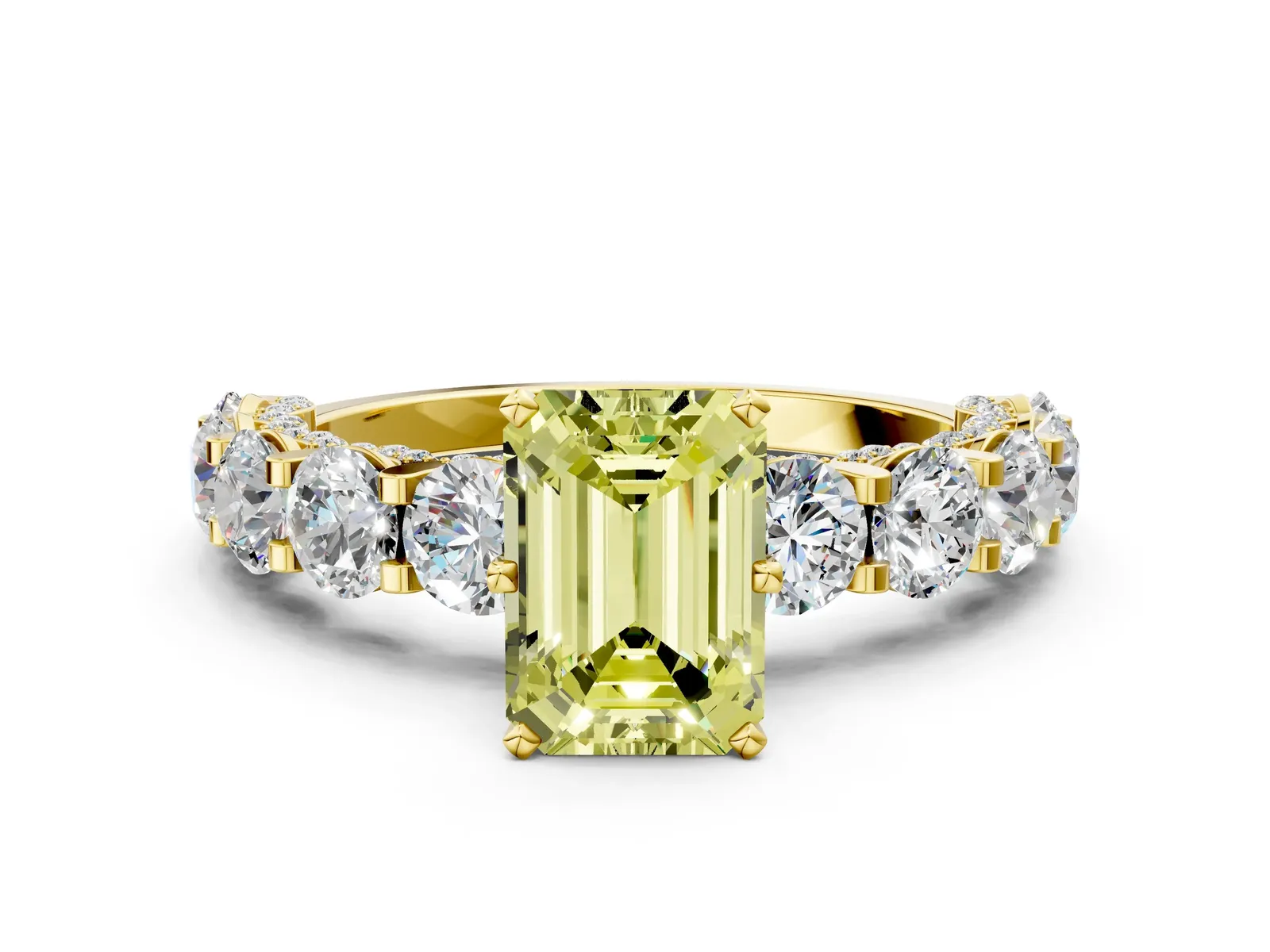 Fancy Yellow Emerald Cut Diamond Side Stone Engagement Ring with Four-Prong Setting Yellow gold