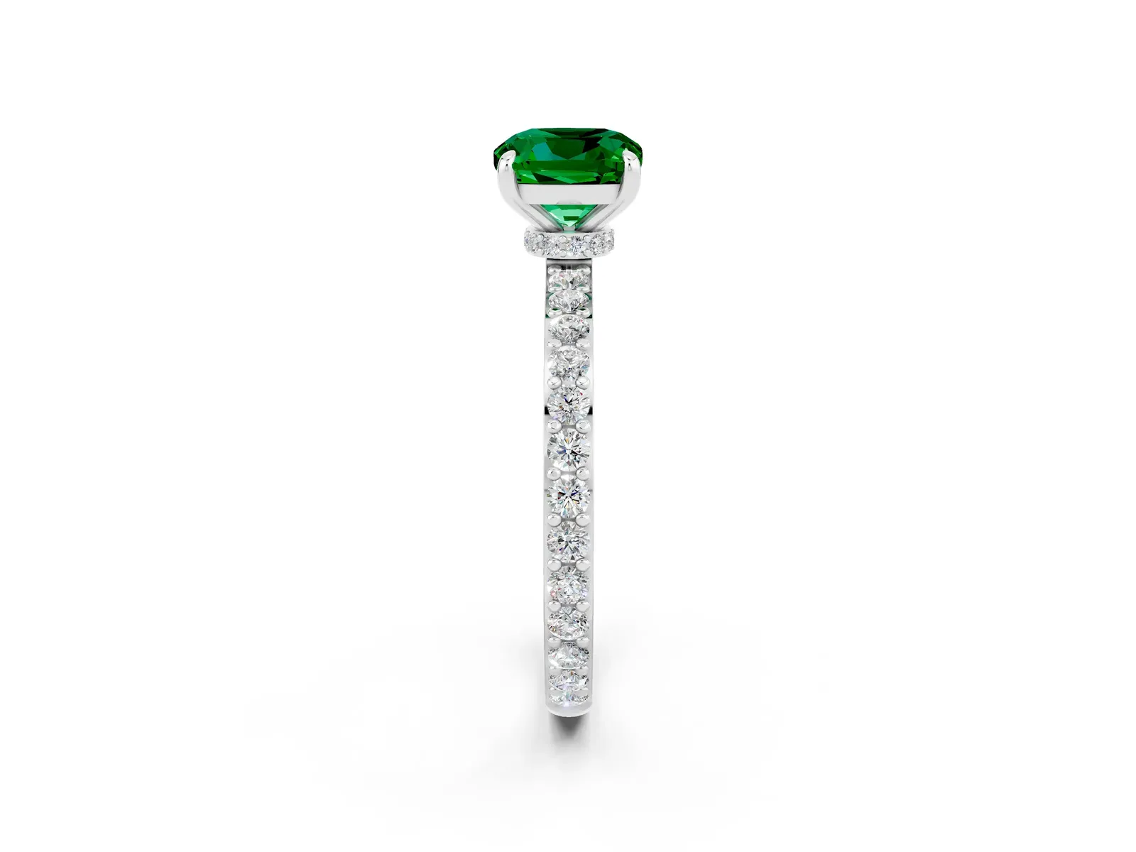 Cushion Cut Emerald Solitaire Engagement Ring with Pavé Band and Four-Prong Setting Platinum