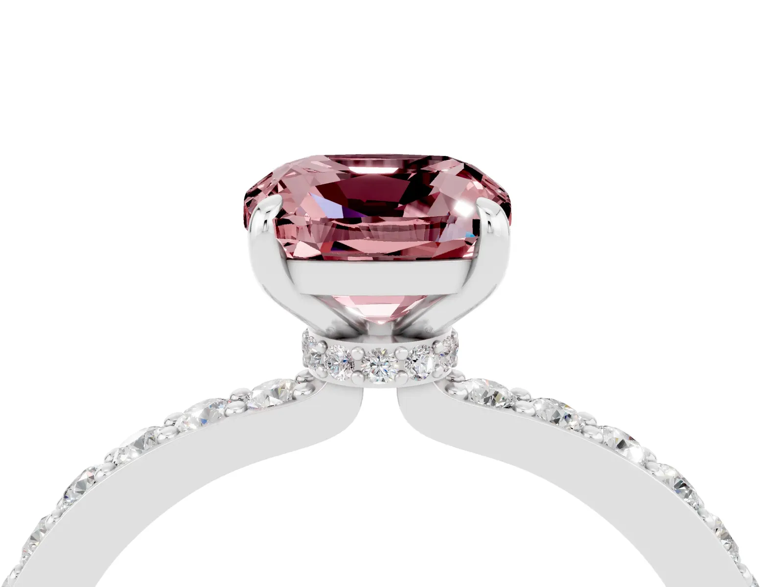 Cushion Cut Morganite Solitaire Engagement Ring with Pavé Band and Four-Prong Setting Platinum