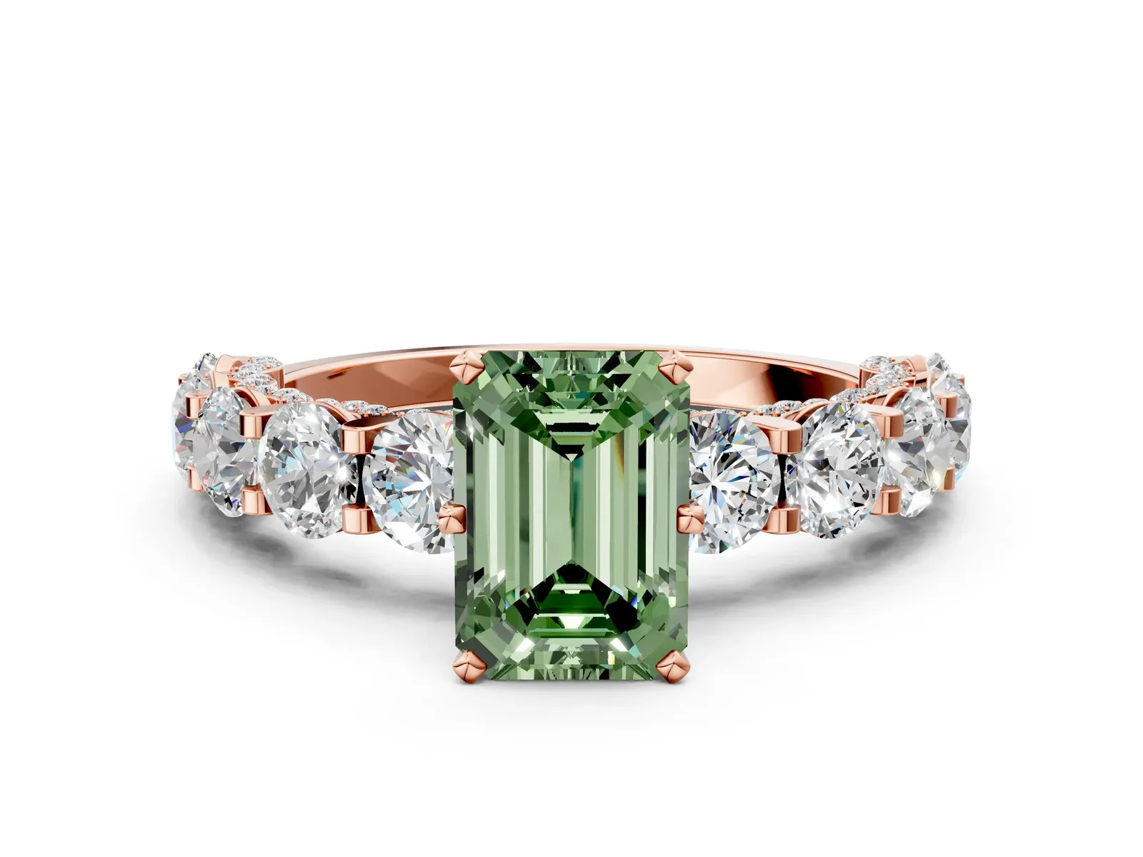 Fancy Green Emerald Cut Diamond Side Stone Engagement Ring with Four-Prong Setting Rose gold