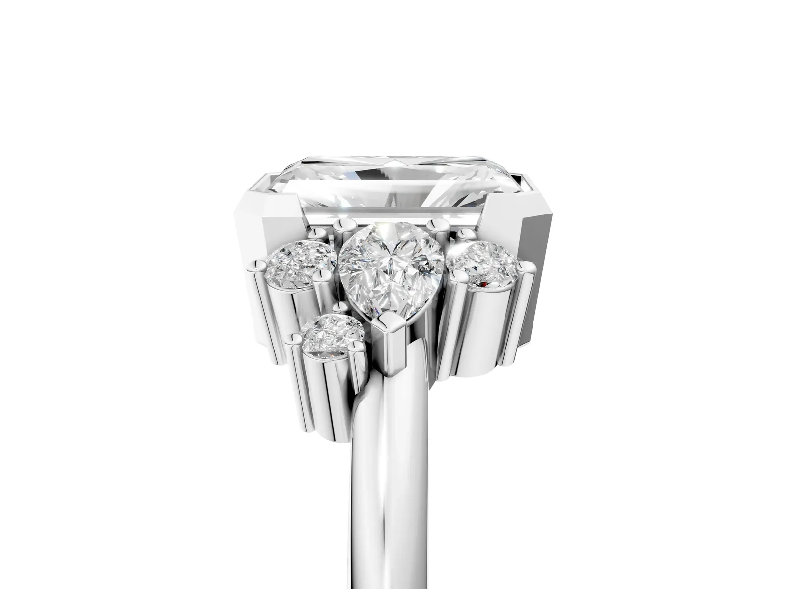 Radiant Diamond Engagement Ring with Pear and Round Side Stones Platinum