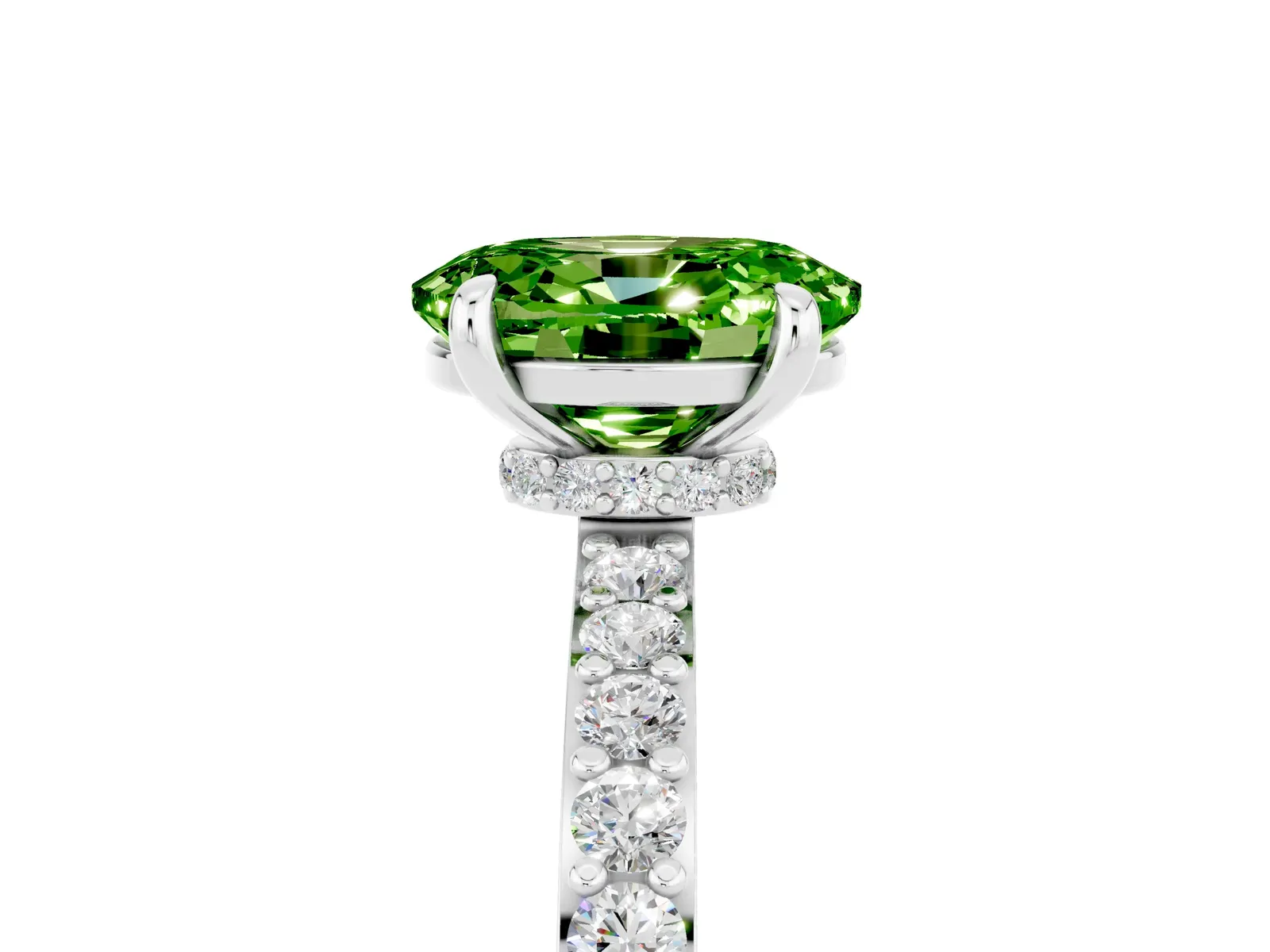 Oval Cut Peridot Solitaire Engagement Ring with Pavé Band and Four-Prong Setting Platinum