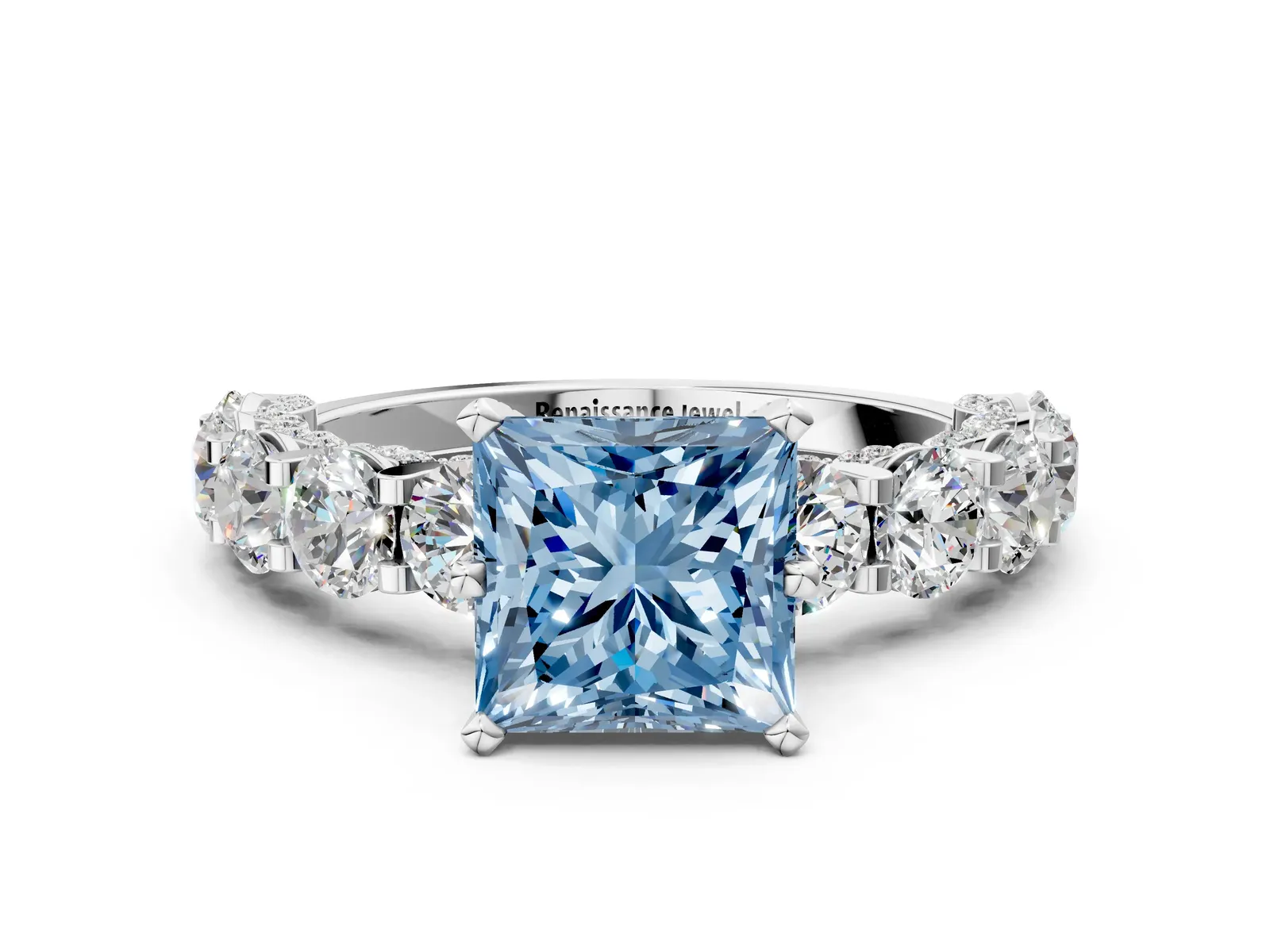 Fancy Blue Princess Cut Diamond Side Stone Engagement Ring with Four-Prong Setting White gold