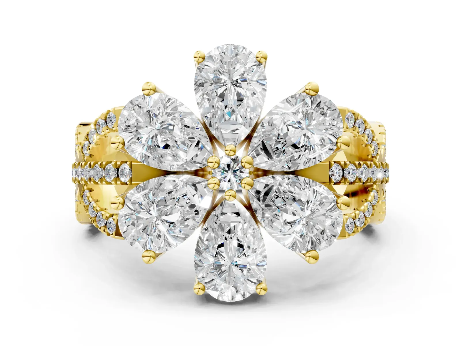 Pear Diamond Floral Ring with Round Diamond Accents Yellow gold