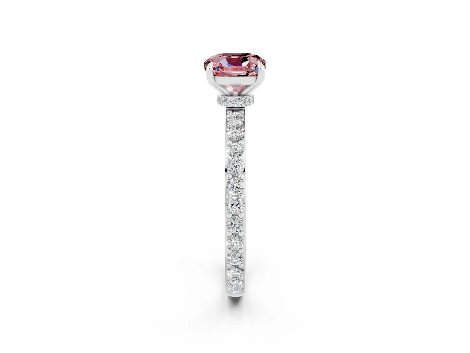 Cushion Cut Morganite Solitaire Engagement Ring with Pavé Band and Four-Prong Setting Platinum