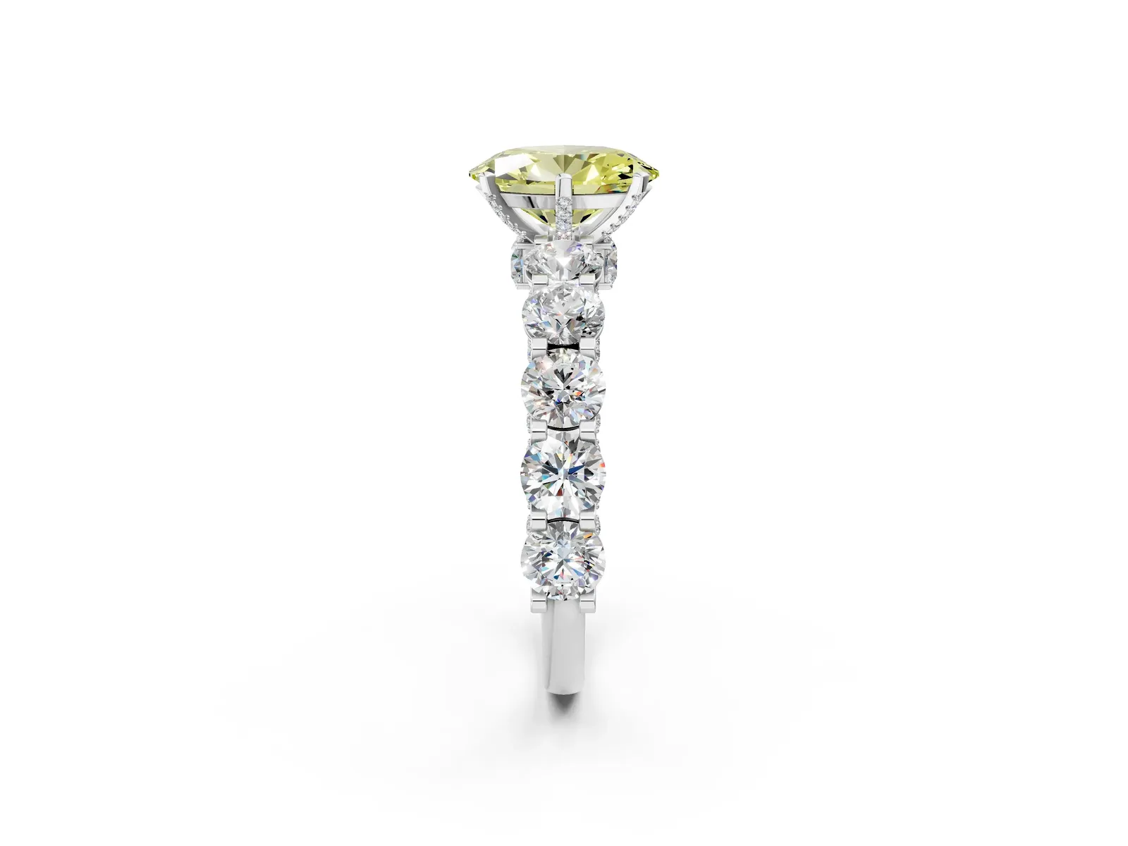 Fancy Yellow Oval Cut Diamond Side Stone Engagement Ring with Four-Prong Setting White gold