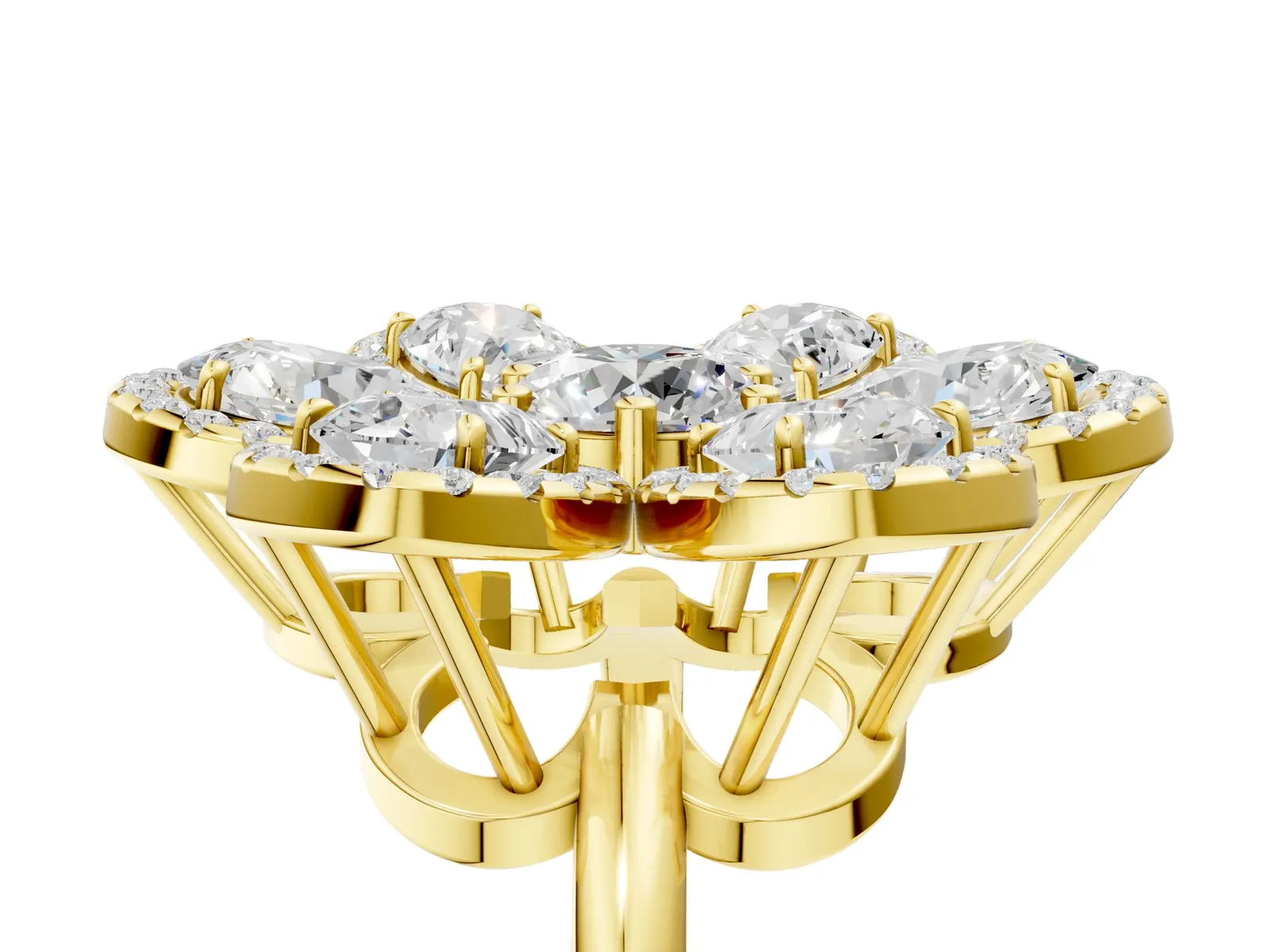 Pear Diamond Floral Promise Ring with Round Diamond Center Yellow gold