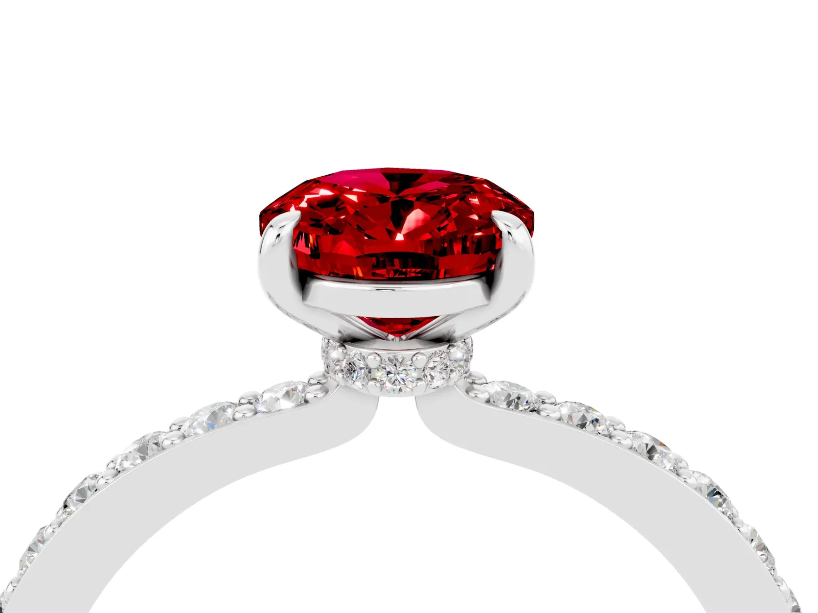 Oval Cut Ruby Solitaire Engagement Ring with Pavé Band and Four-Prong Setting Platinum