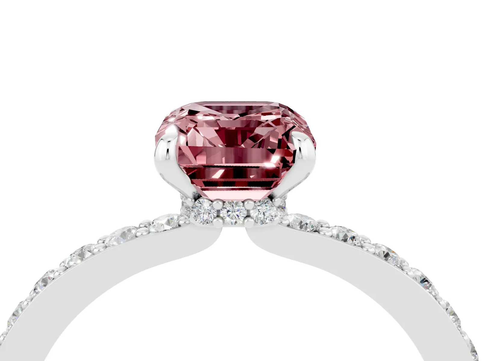 Emerald Cut Morganite Solitaire Engagement Ring with Pavé Band and Four-Prong Setting Platinum