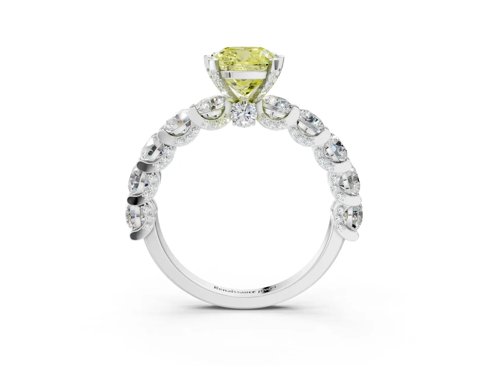 Fancy Yellow Cushion Cut Diamond Side Stone Engagement Ring with Four-Prong Setting Platinum