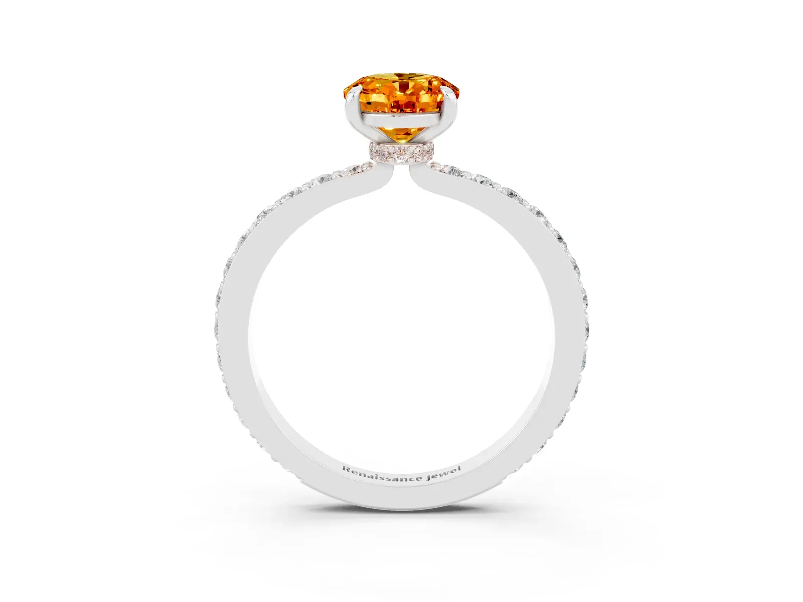 Oval Cut Citrine Solitaire Engagement Ring with Pavé Band and Four-Prong Setting Platinum