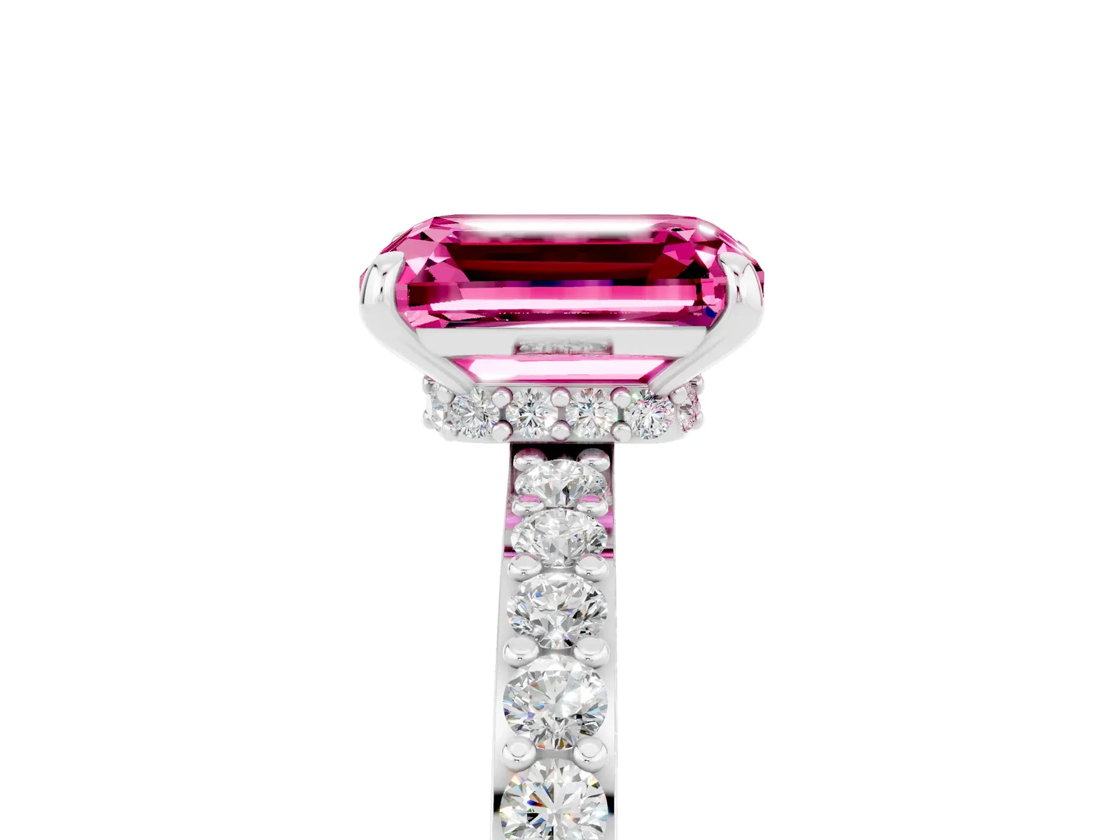 Emerald Cut Pink Sapphire Solitaire Engagement Ring with Pavé Band and Four-Prong Setting Platinum
