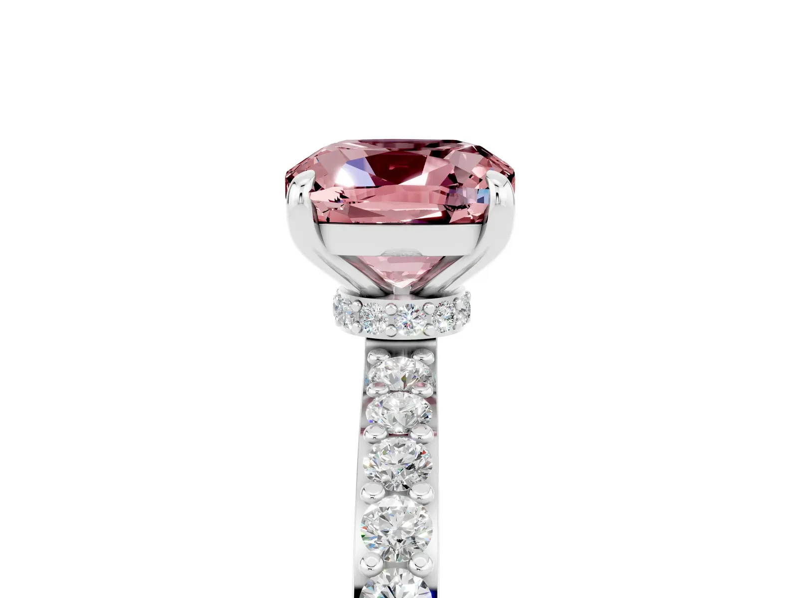 Cushion Cut Morganite Solitaire Engagement Ring with Pavé Band and Four-Prong Setting Platinum