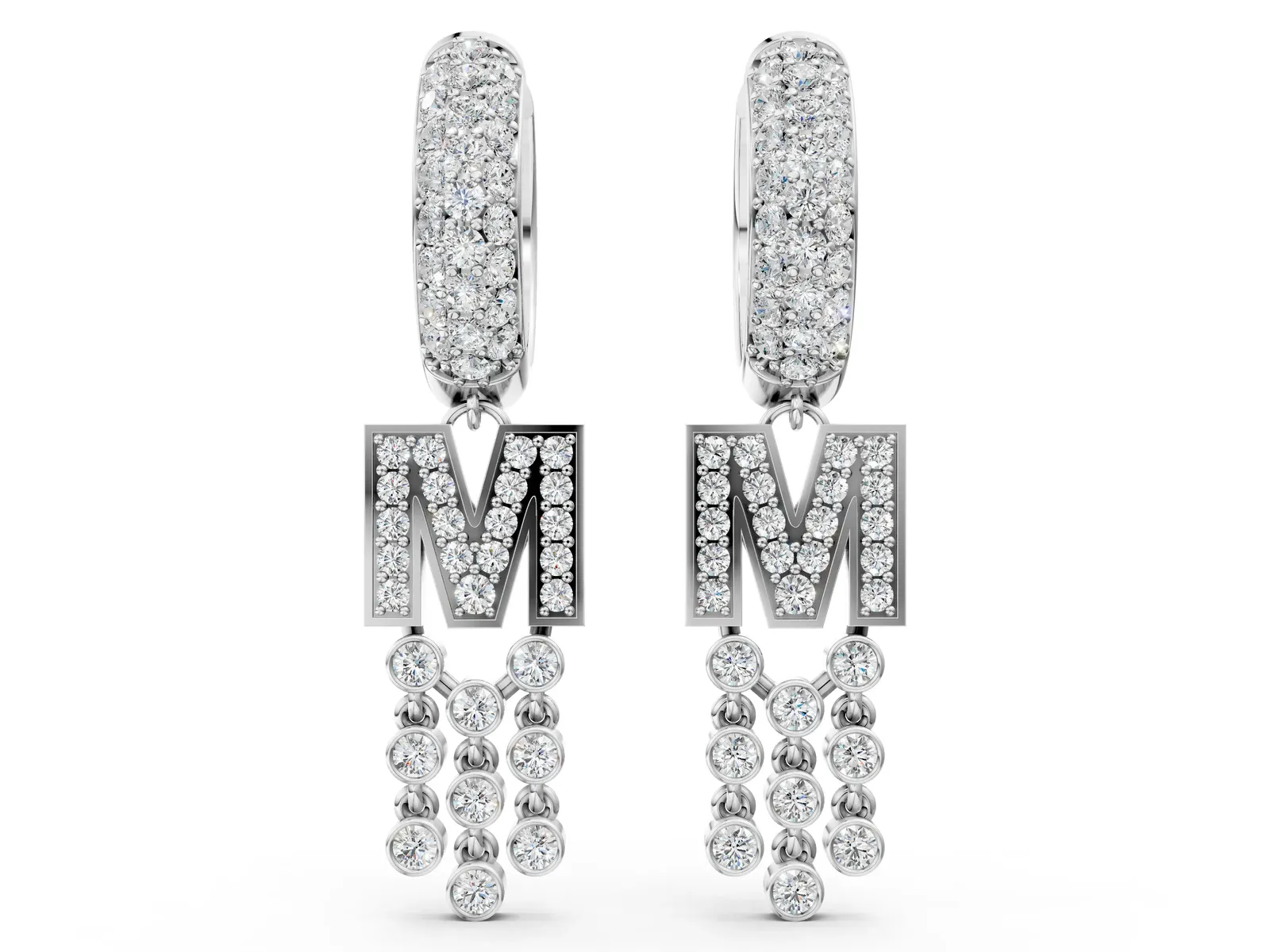 Round Diamond Initial M Huggie Hoop Earrings Silver