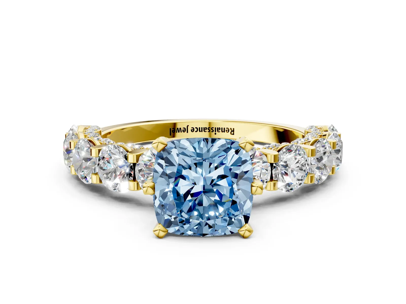 Fancy Blue Cushion Cut Diamond Side Stone Engagement Ring with Four-Prong Setting Yellow gold