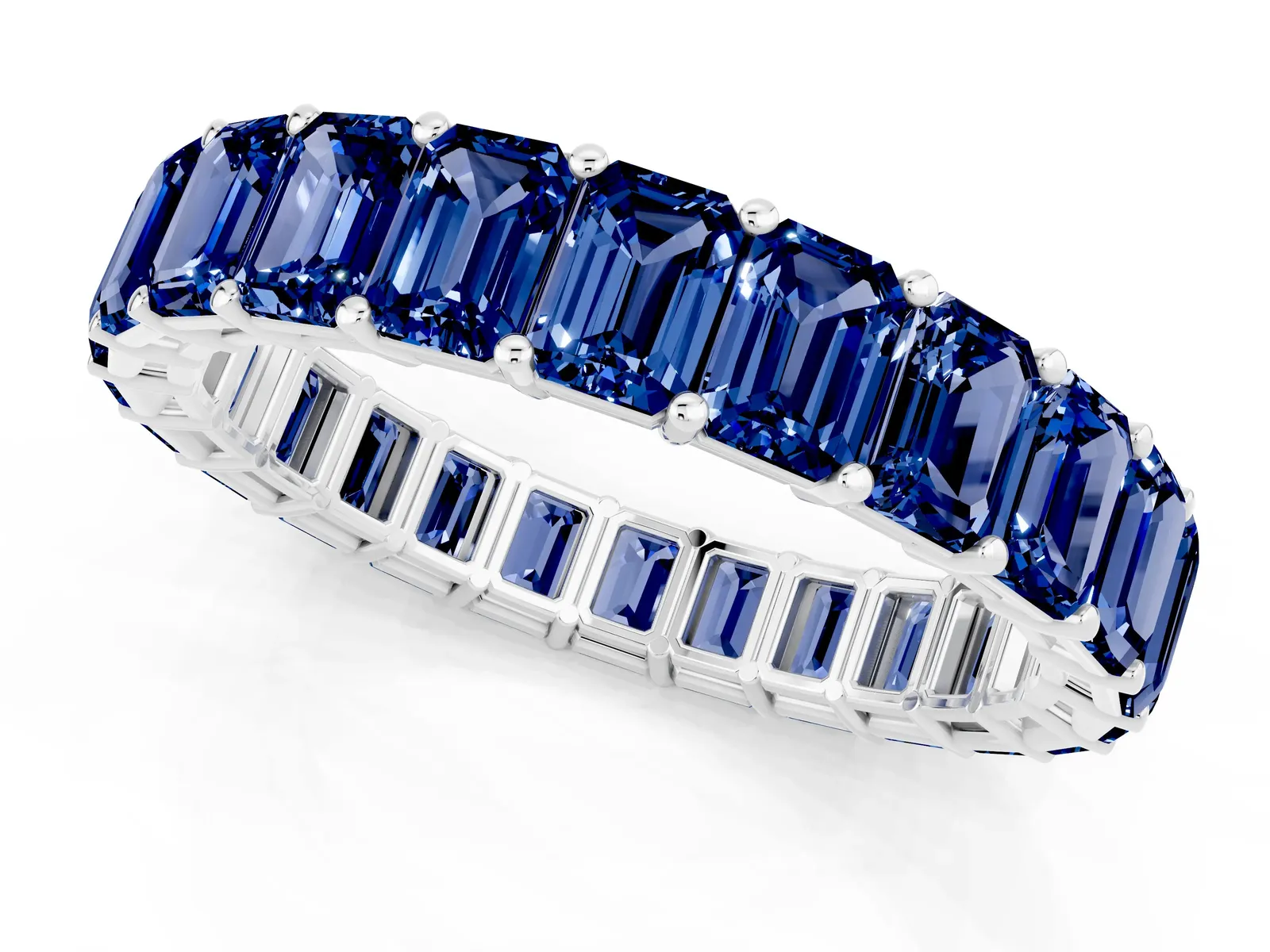 Emerald Cut Blue Sapphire Eternity Band with Shared Prong Setting Platinum
