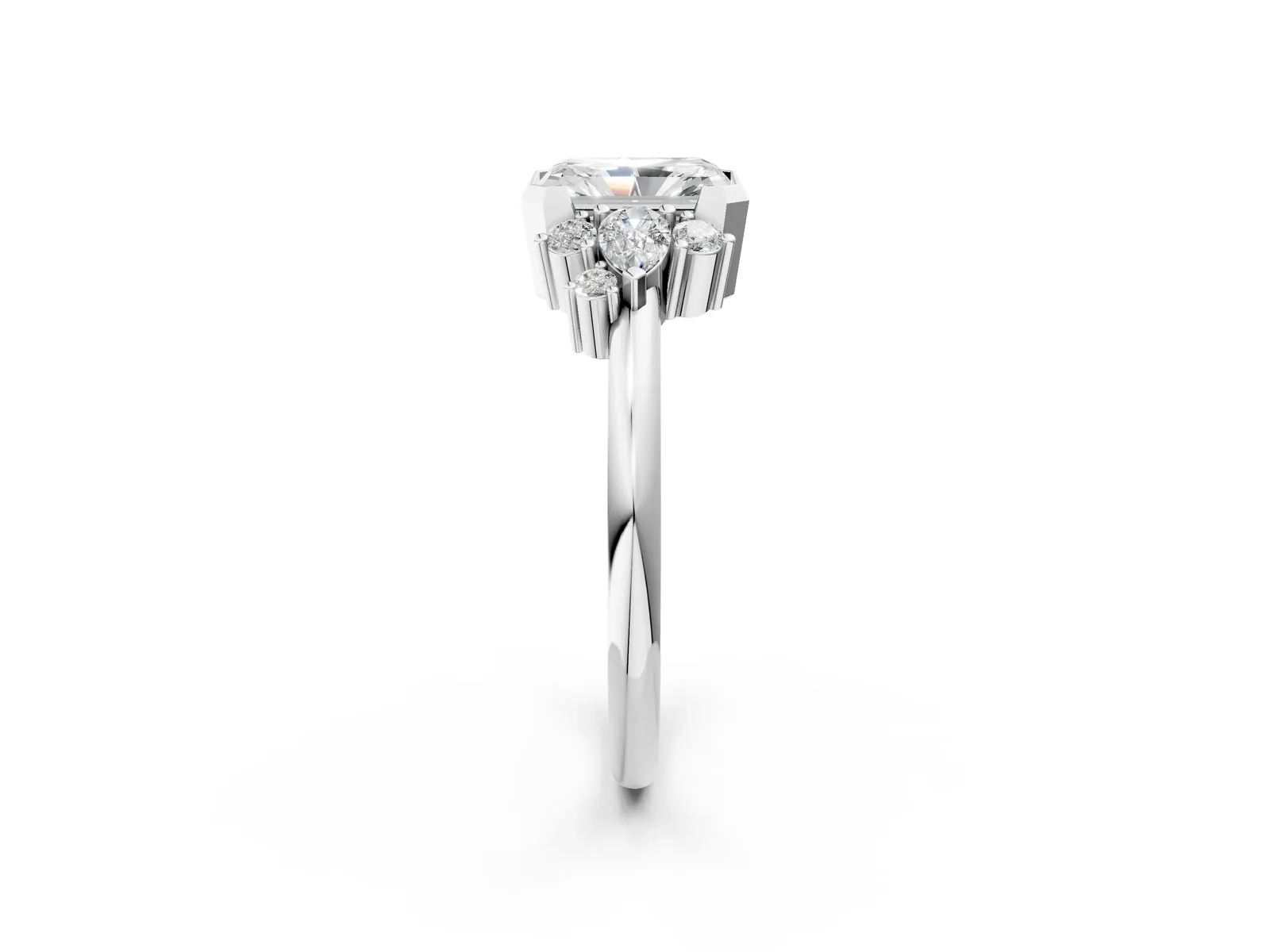 Radiant Diamond Engagement Ring with Pear and Round Side Stones Platinum