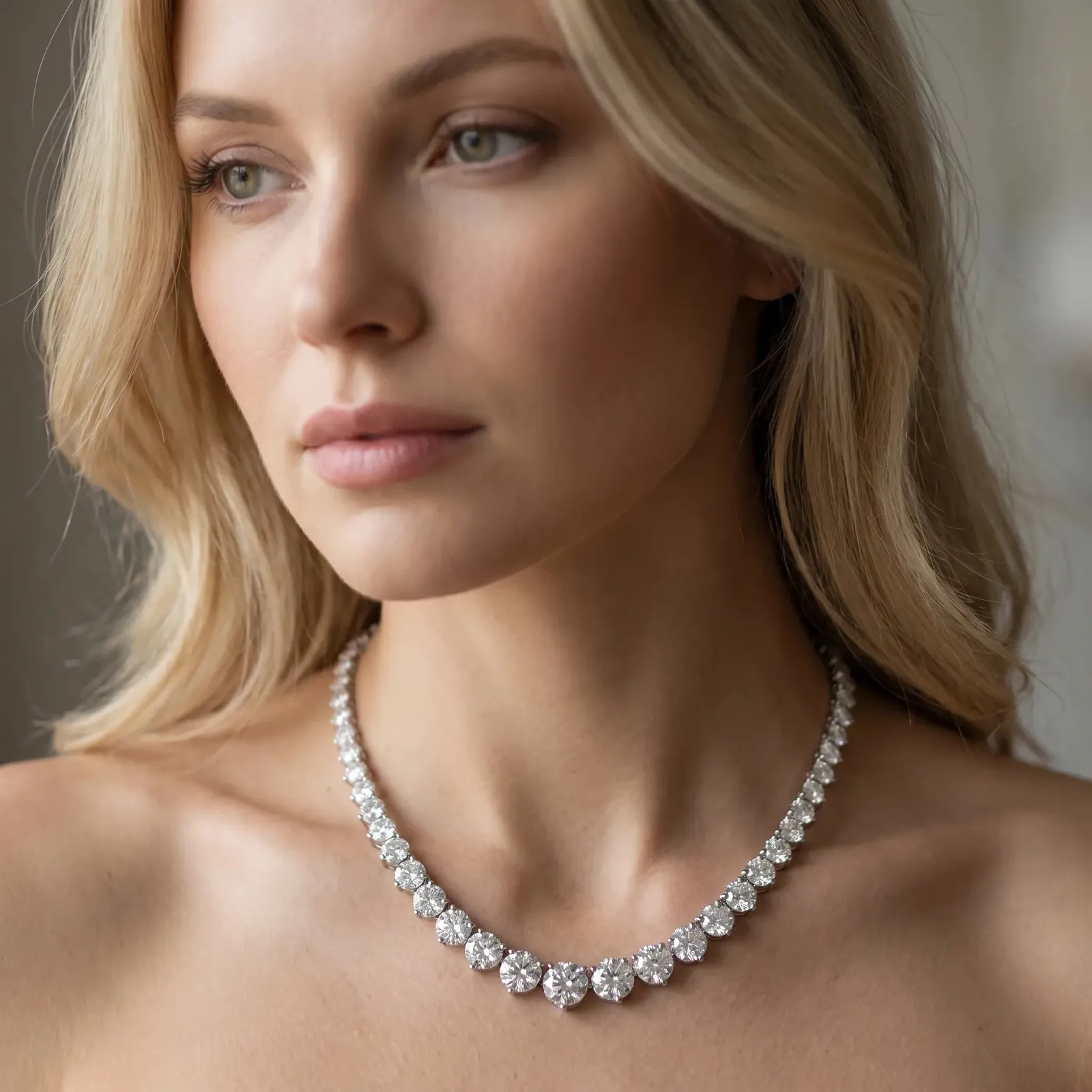 Round Cut Brilliant Graduated Diamond Tennis Necklace with Four-Prong Setting Rose gold