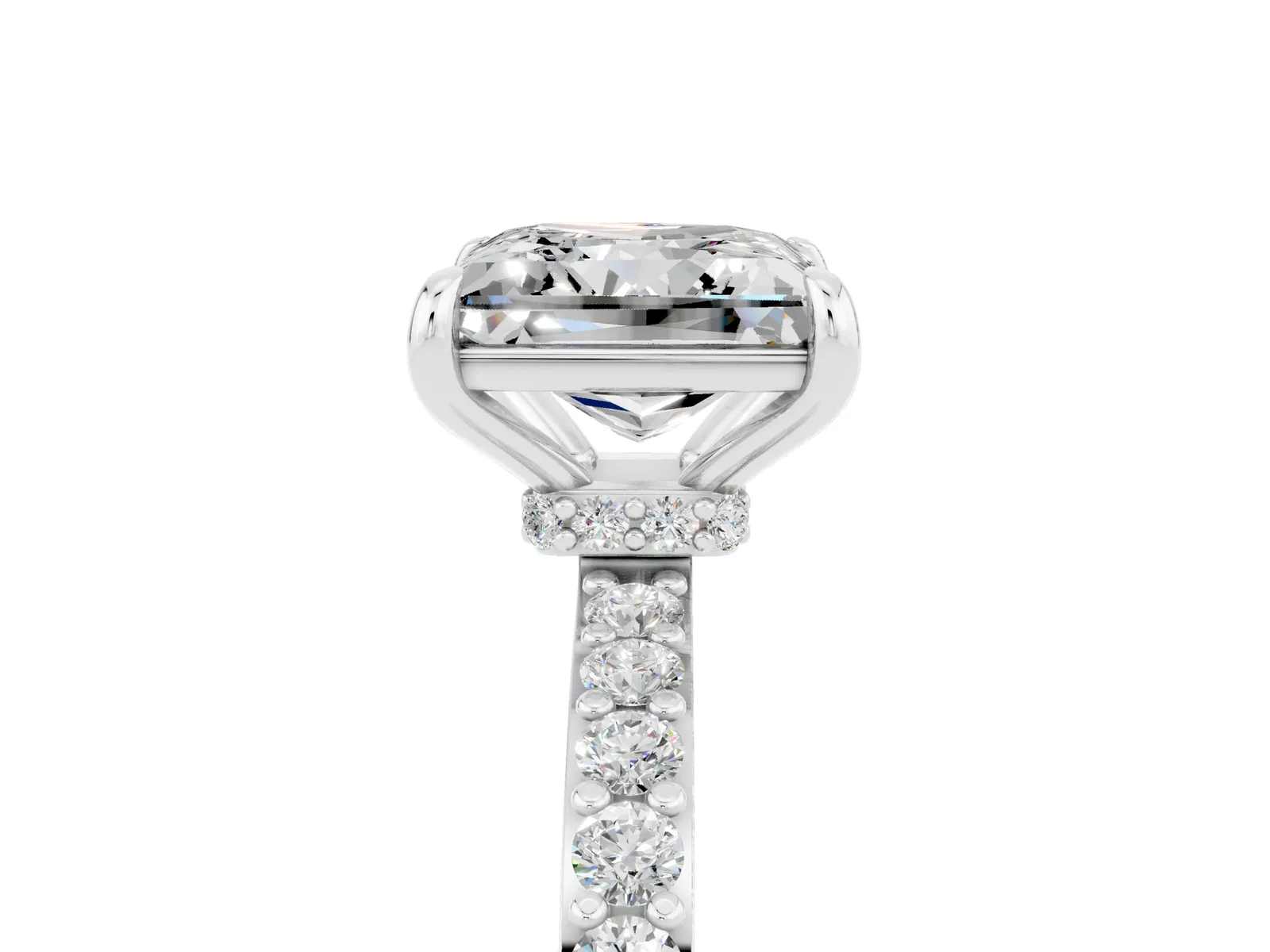 Princess Cut Moissanite Solitaire Engagement Ring with Pavé Band and Four-Prong Setting Platinum
