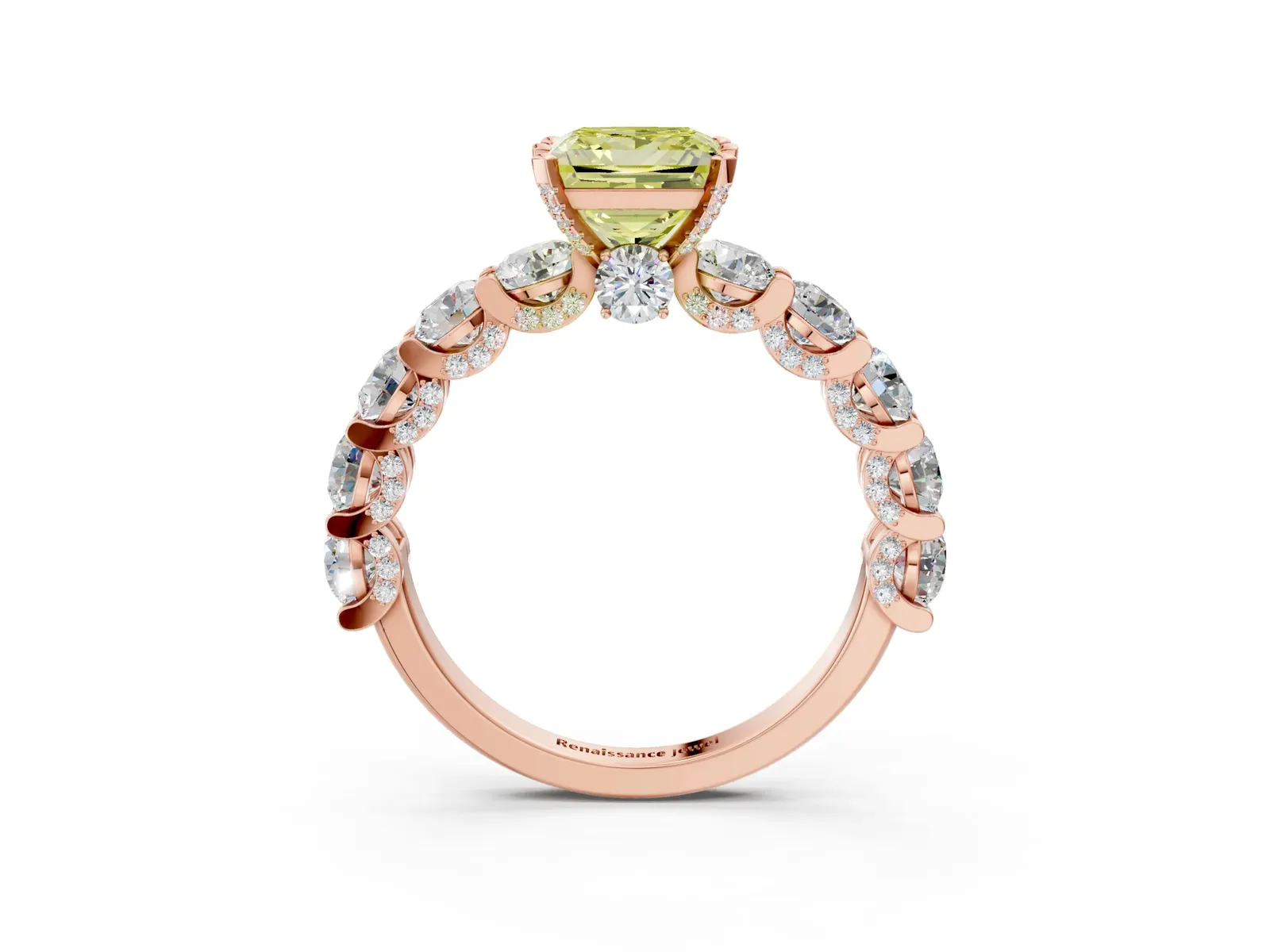 Fancy Yellow Princess Cut Diamond Side Stone Engagement Ring with Four-Prong Setting Rose gold