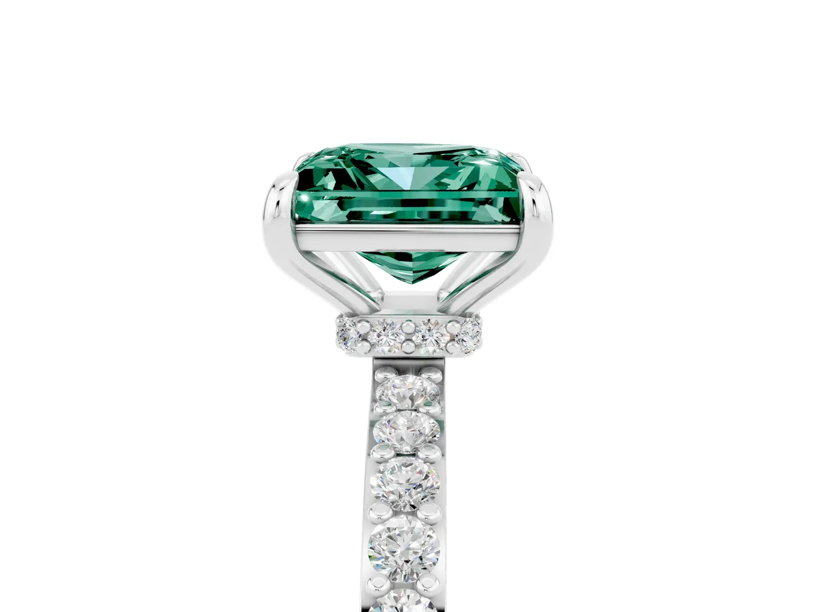 Princess Cut Green Sapphire Solitaire Engagement Ring with Pavé Band and Four-Prong Setting Platinum