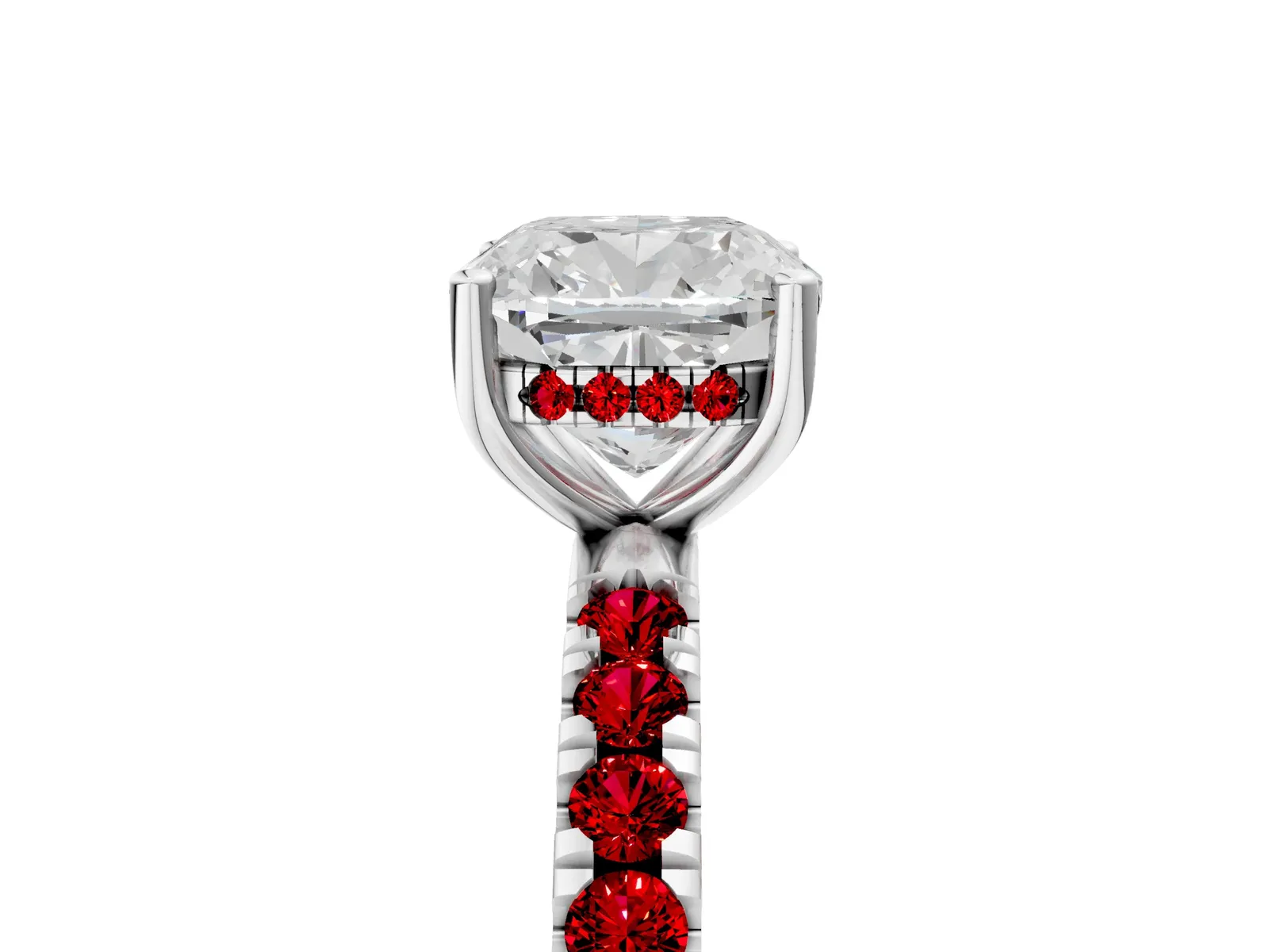 Cushion Cut Diamond Pave Band Solitaire Ring with Round Ruby and Prong Setting Platinum