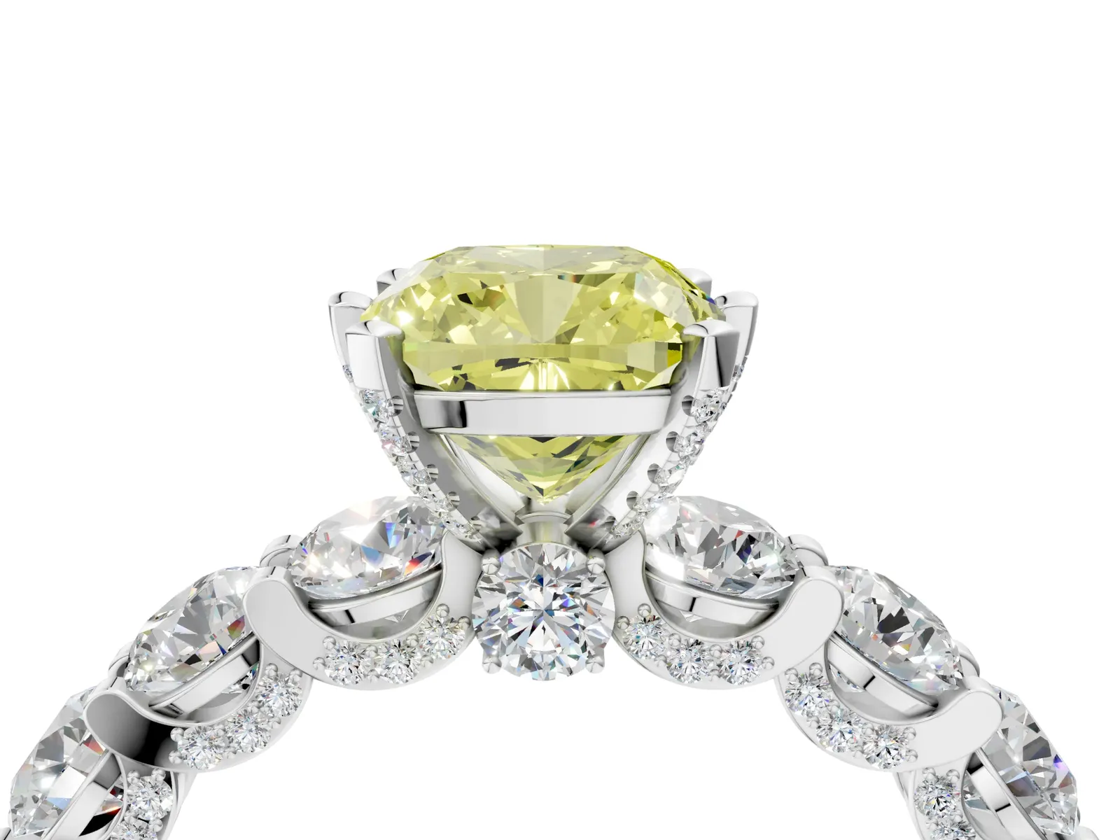Fancy Yellow Cushion Cut Diamond Side Stone Engagement Ring with Four-Prong Setting White gold
