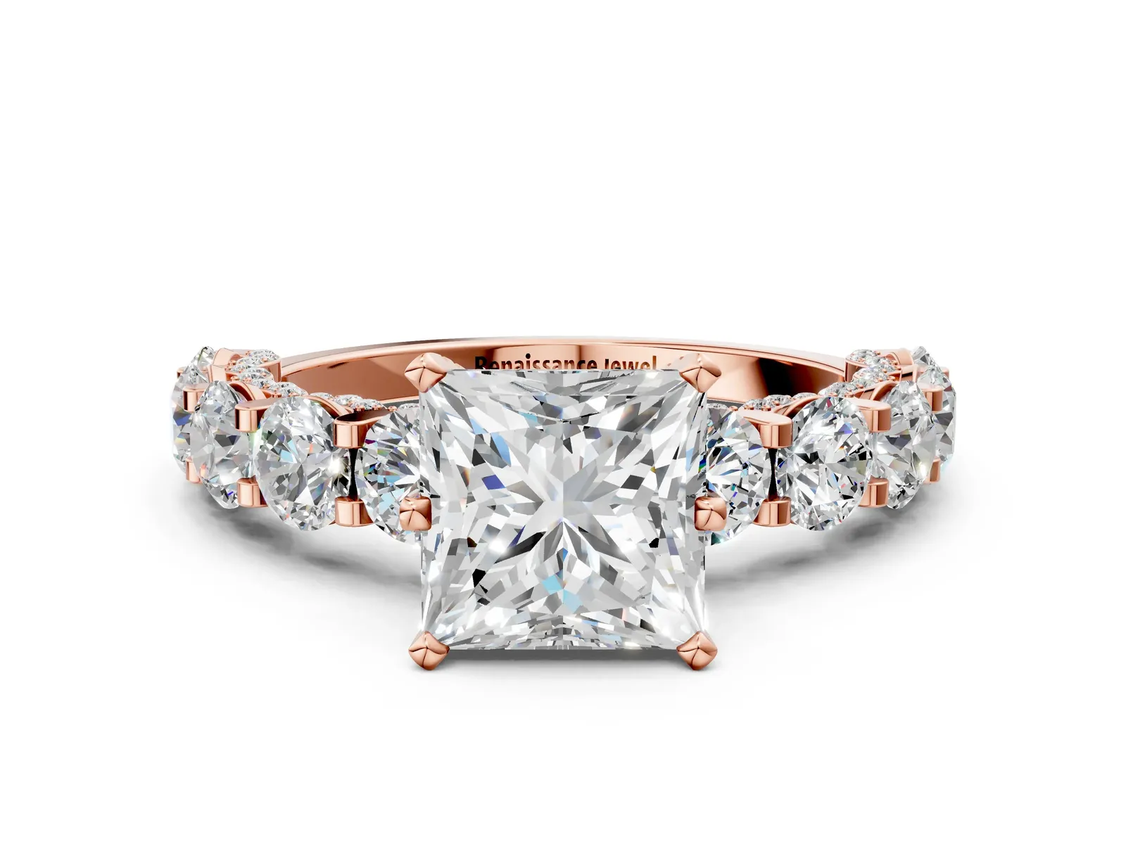 Princess Cut Diamond Side Stone Engagement Ring with Four-Prong Setting Rose gold