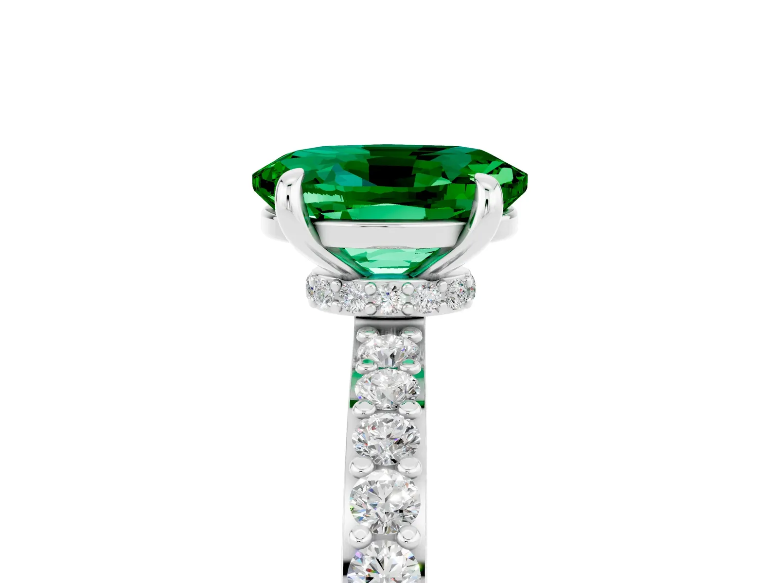 Oval Cut Emerald Solitaire Engagement Ring with Pavé Band and Four-Prong Setting Platinum
