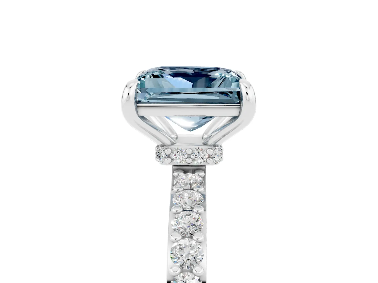 Princess Cut Aquamarine Solitaire Engagement Ring with Pavé Band and Four-Prong Setting Platinum
