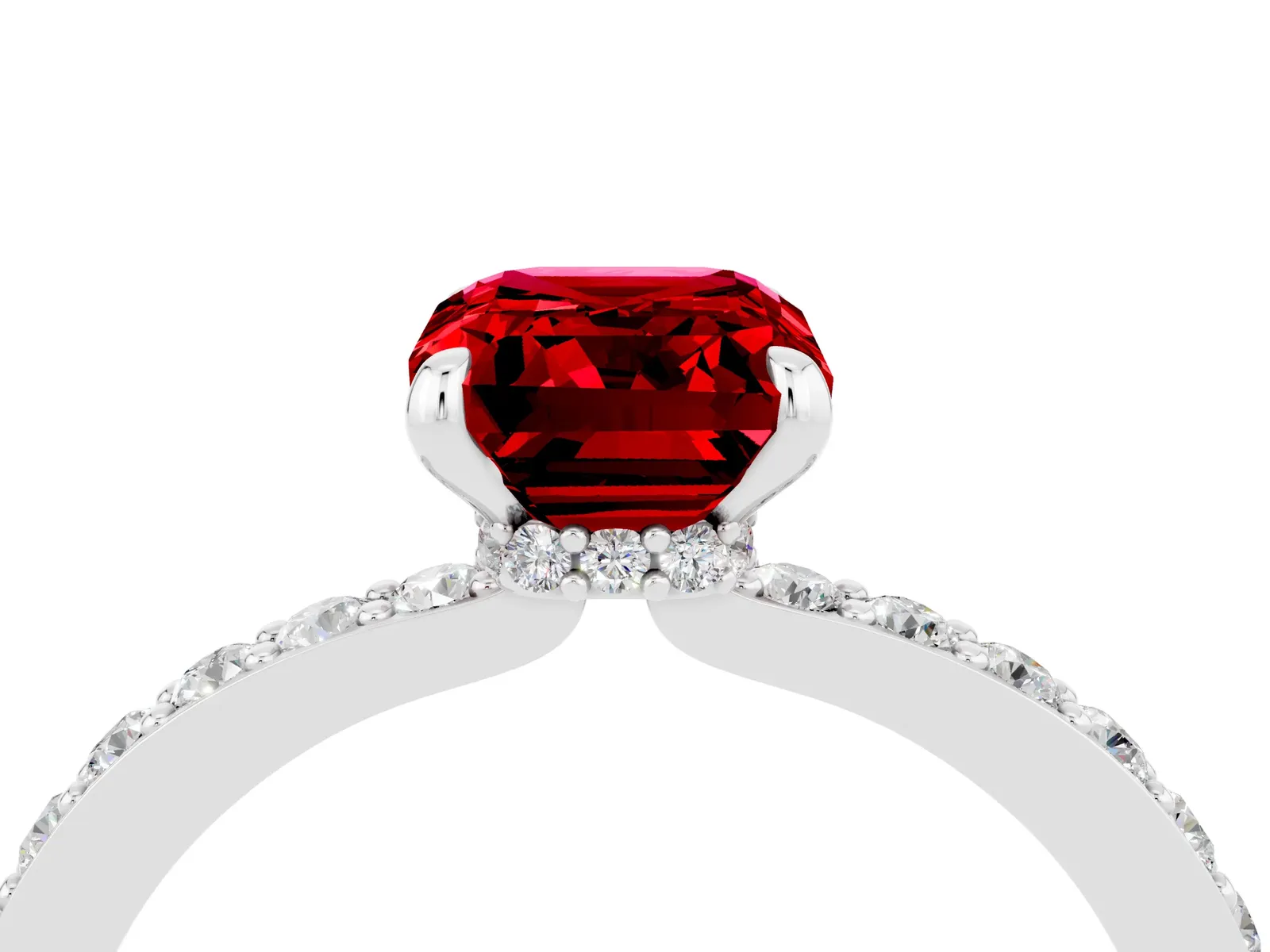 Emerald Cut Ruby Solitaire Engagement Ring with Pavé Band and Four-Prong Setting Platinum
