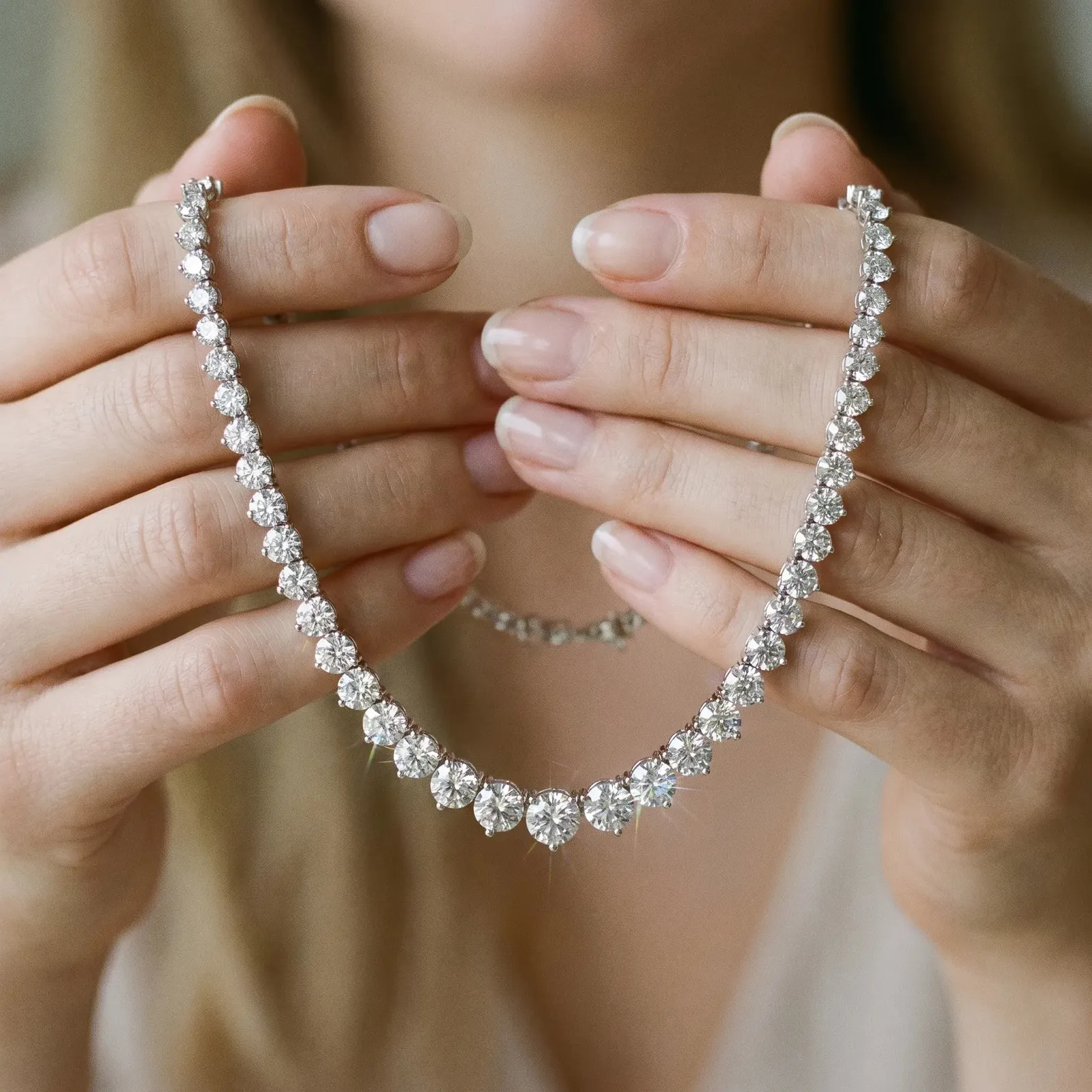 Round Cut Brilliant Graduated Diamond Tennis Necklace with Four-Prong Setting Rose gold