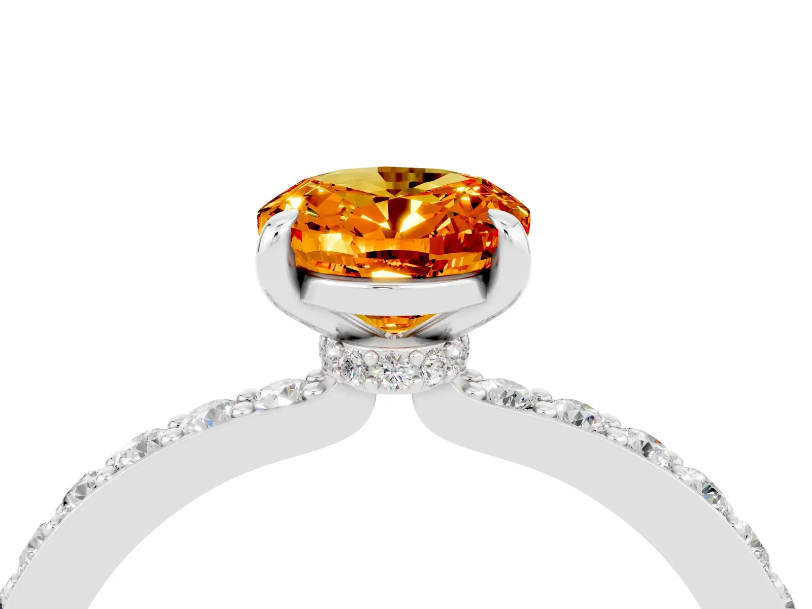 Oval Cut Citrine Solitaire Engagement Ring with Pavé Band and Four-Prong Setting Platinum