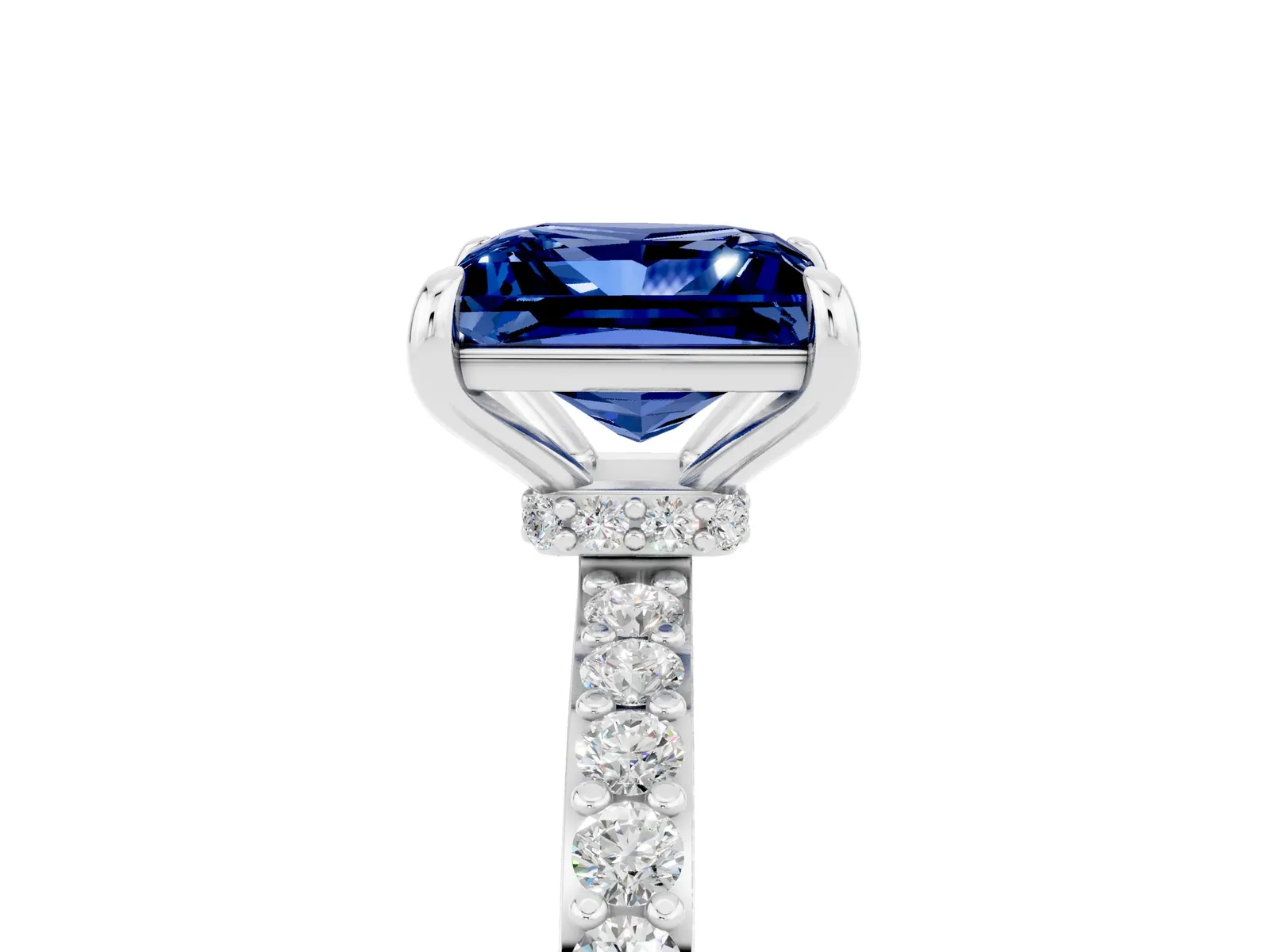 Princess Cut Blue Sapphire Solitaire Engagement Ring with Pavé Band and Four-Prong Setting Platinum